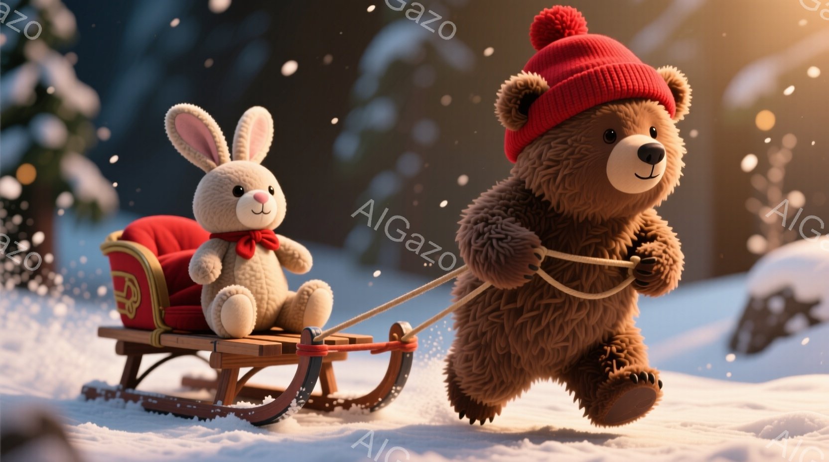 茶色のクマが赤い帽子をかぶり、雪の上をそりを引いています。そりには赤いリボンをつけた可愛らしい茶色のウサギが座っており、クマは前かがみになって一生懸命そりを引いています。背景は雪景色で、遠くにはぼんやりと山々が見え、全体的に暖かく、楽しい冬の雰囲気が漂っています。