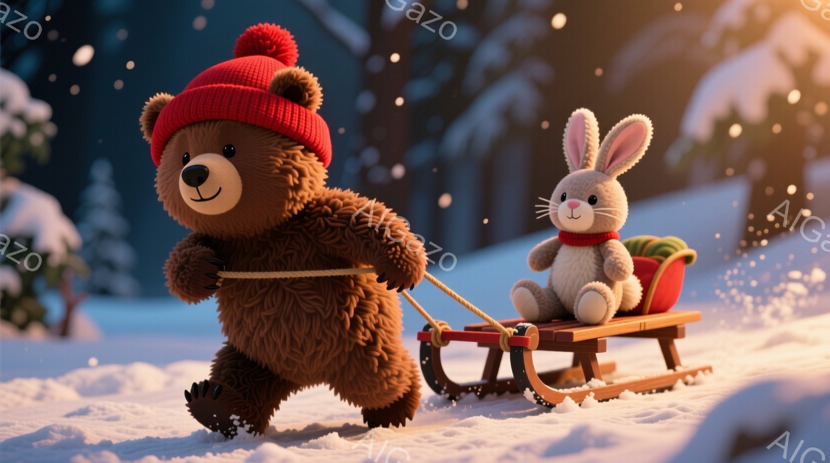 茶色のクマが赤いニット帽をかぶり、雪の上をそりを引いています。白いうさぎがそりに乗っており、クマは力強く前進し、うさぎは穏やかな表情で楽しんでいます。背景は雪に覆われた森林で、光が差し込み、冬の暖かく穏やかな雰囲気を醸し出しています。