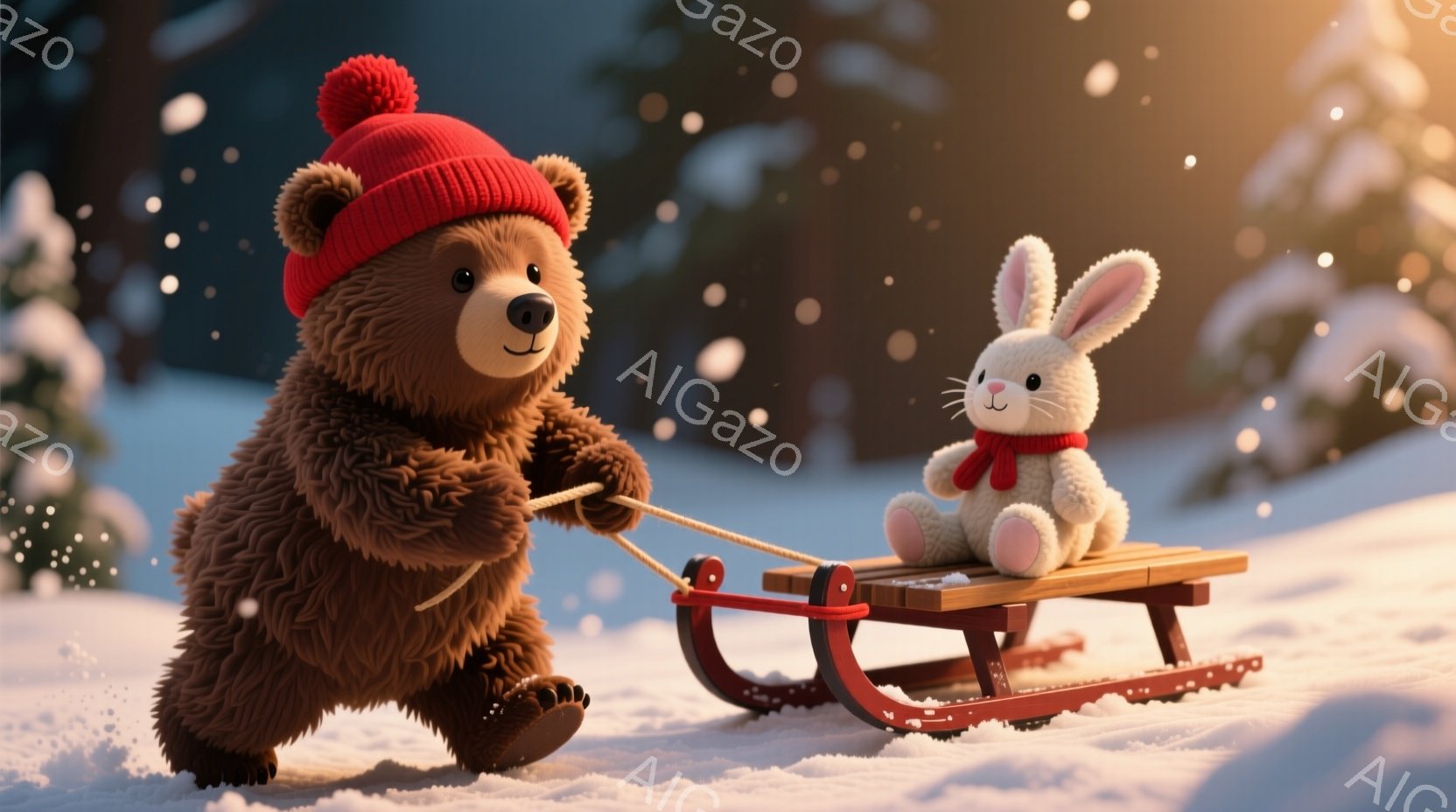 茶色のふわふわした熊が赤い帽子をかぶり、雪の上をそりを引いています。そりには白いふわふわのウサギが乗っており、ウサギは赤いリボンをつけています。背景は雪景色で、遠くには木々が見え、暖かく穏やかな冬の雰囲気が漂っています。