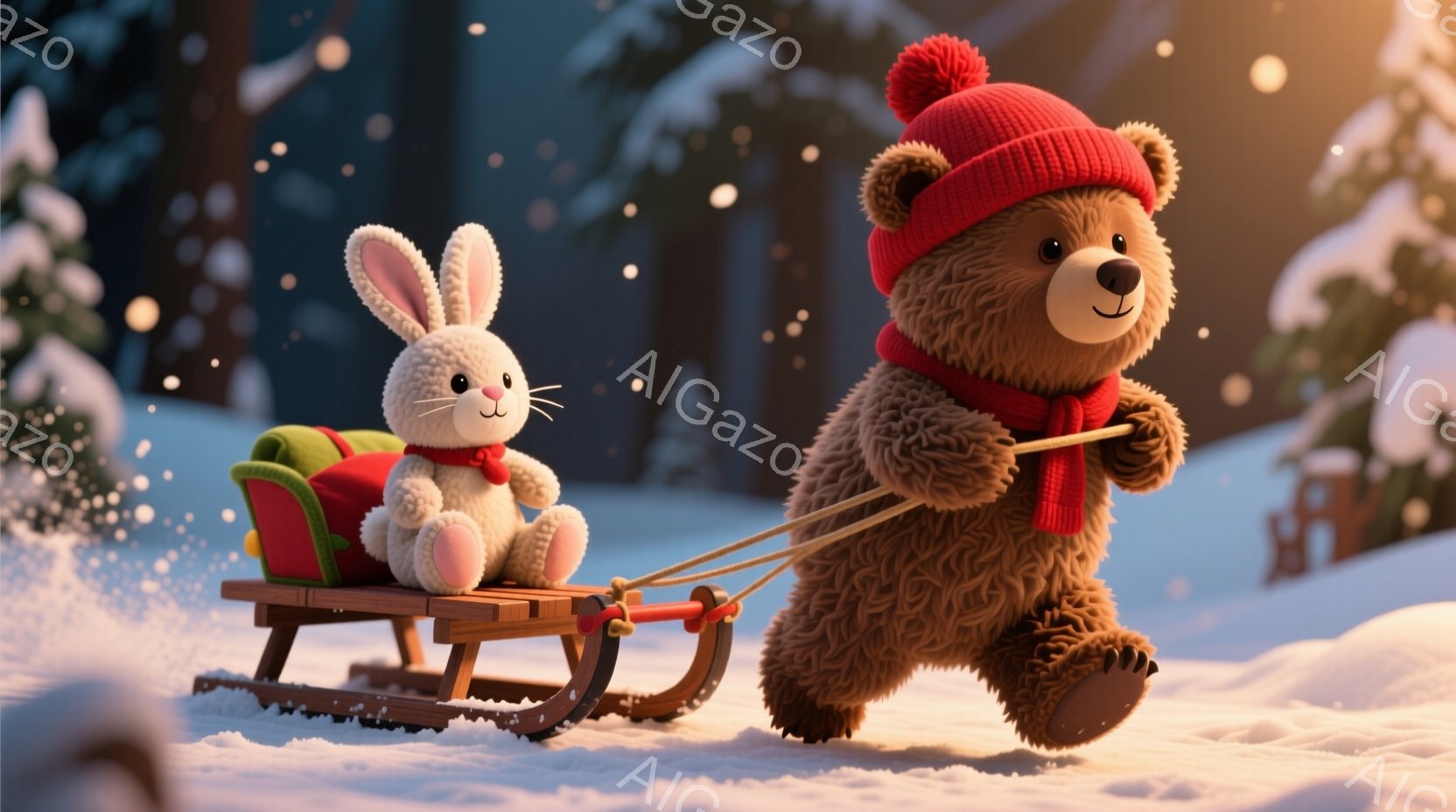 茶色のクマが赤いニット帽をかぶり、雪の上をそりを引いています。白いウサギの人形がそりに乗っており、クマは嬉しそうな表情で前進しています。背景には雪に覆われた木々があり、雪が舞い散る冬の風景が広がっています。