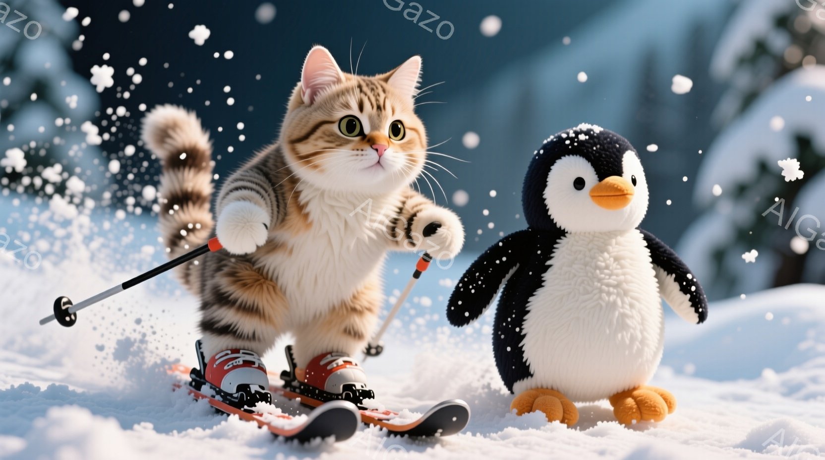 茶色の縞模様の猫がスキー板を履き、スキーポールを持って雪の上を滑っている。猫は少し驚いた表情で、毛並みがふわふわとしている。背景は雪景色で、明るい日差しが差し込み、全体的に楽しげな雰囲気である。