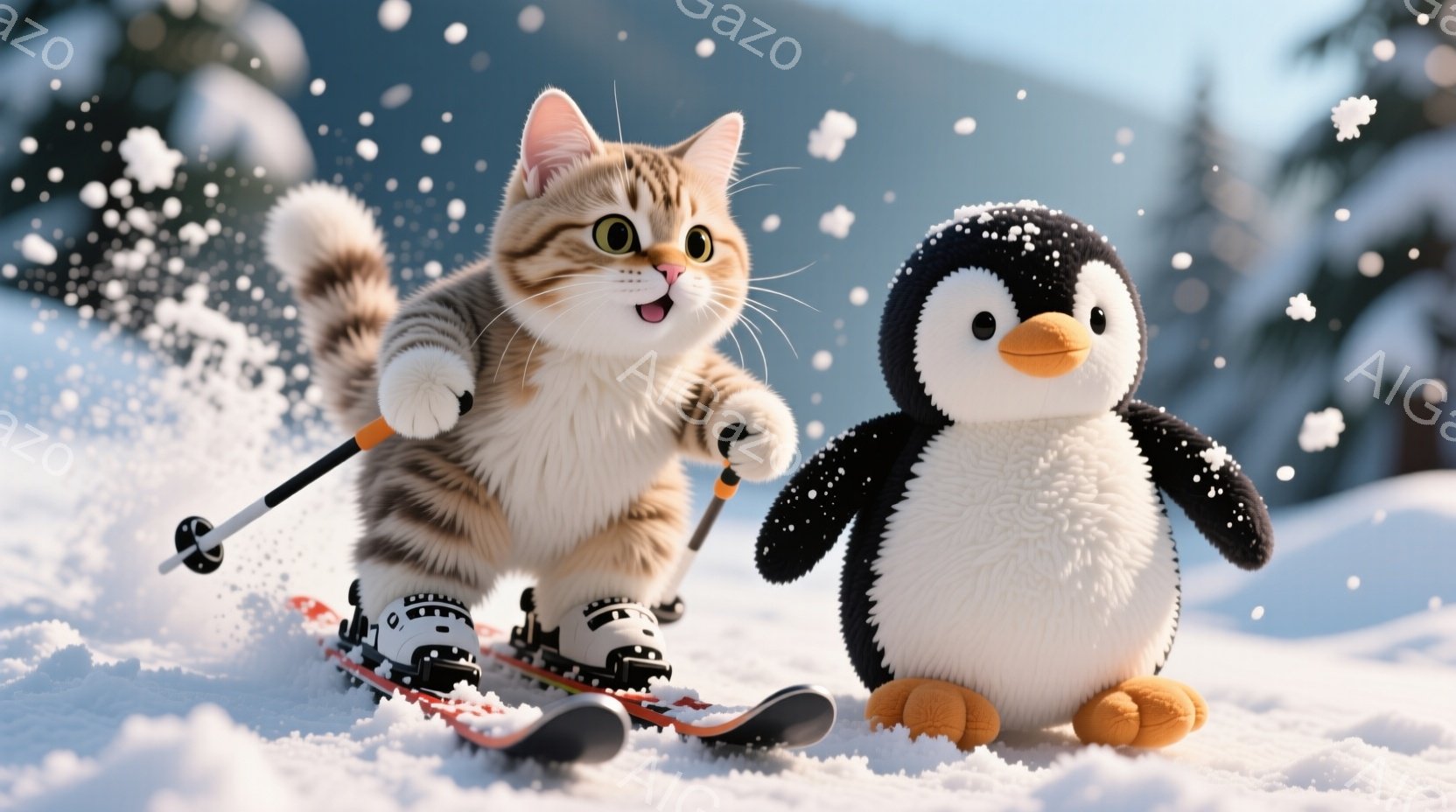 白い背景に雪が降り積もる中で、縞模様の猫がスキーを楽しんでいます。猫はスキー板とストックを装備し、嬉しそうな表情で前進しており、隣には可愛らしいペンギンが寄り添っています。全体的に暖かく、楽しい冬の雰囲気が漂っています。