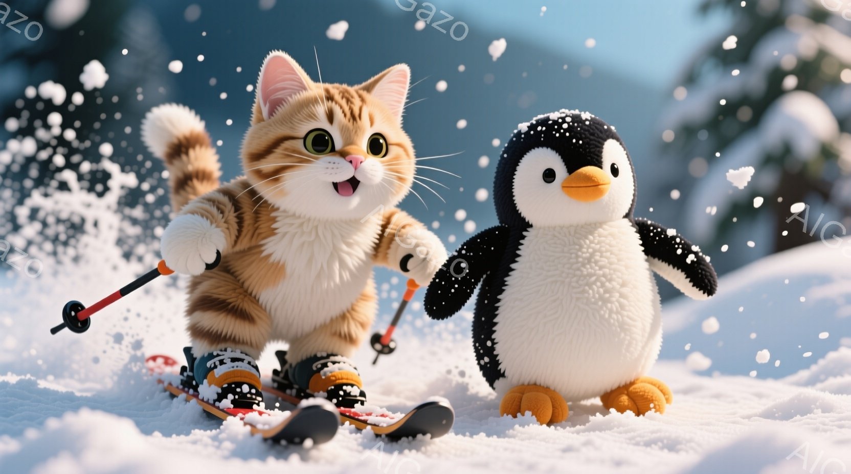 オレンジ色の縞模様の猫がスキー板に乗り、スキースティックを持って笑顔で滑っている。隣には、黄色い足を持つペンギンが寄り添い、楽しそうにしている。背景には雪景色が広がり、晴れた冬の日の活気ある雰囲気が漂っている。