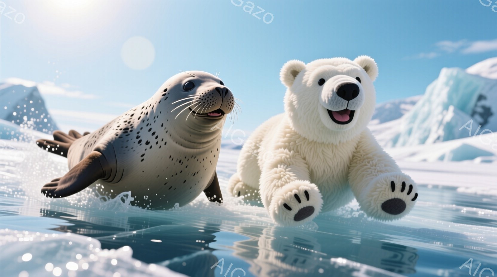 アザラシとホッキョクグマが氷の海を勢いよく泳いでいる様子が描かれています。アザラシは体の模様が特徴的で、口を開けて楽しそうにしています。背景には氷山がそびえ立ち、晴天の空と水面が反射して、爽やかで活気のある雰囲気を醸し出しています。