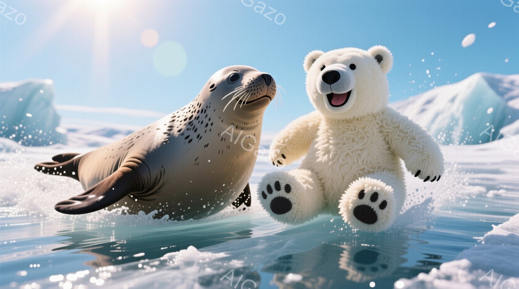 氷の海を背景に、アザラシとテディベアが水しぶきをあげながら描かれている。アザラシは滑らかな体で水面を泳ぎ、テディベアは両手を広げ、楽しそうに座っている。背景には氷山がそびえ立ち、晴れた空の下、明るく元 - AI生成フリー素材