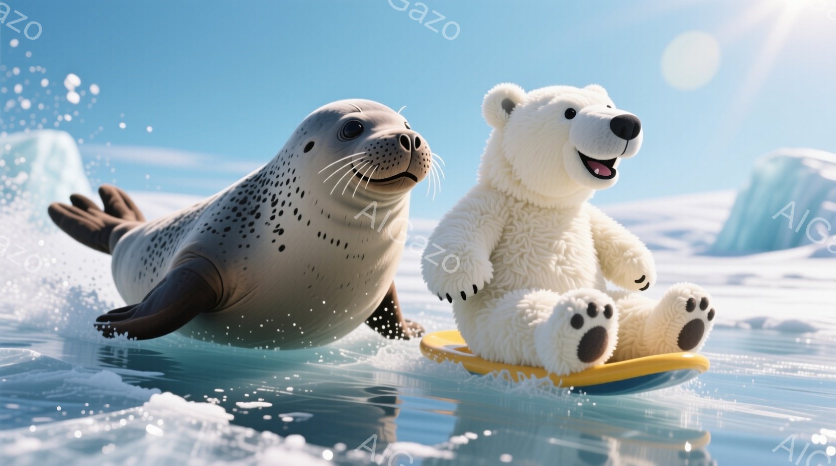 アザラシが氷の海を勢いよく泳ぎ、白いテディベアが黄色いソリに乗ってその背後を追っています。テディベアは喜びにあふれた表情で、ソリから身を乗り出しています。背景には氷山がそびえ立ち、晴れた空と氷の海が広がり、遊び心に満ちた温かい雰囲気が漂っています。