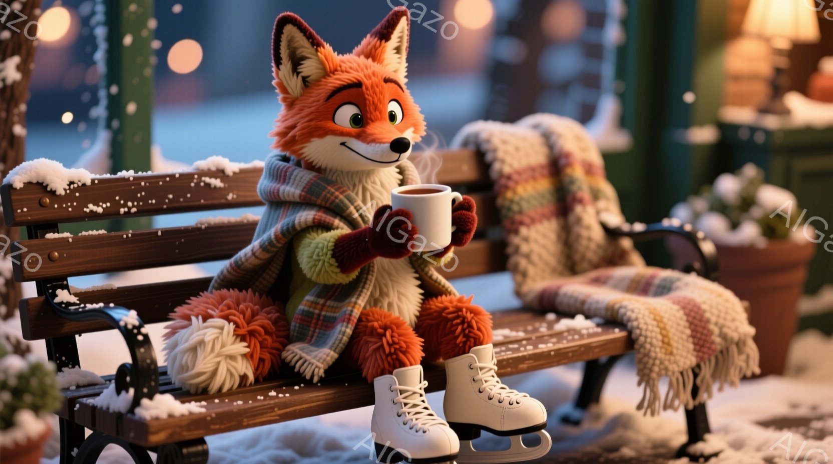 明るいオレンジ色の毛並みを持つキツネが、雪の積もった公園のベンチに座って温かい飲み物を楽しんでいます。マフラーを巻き、白いスケート靴を履いており、穏やかな笑顔を浮かべています。背景にはぼやけた街灯や植 - AI生成フリー素材