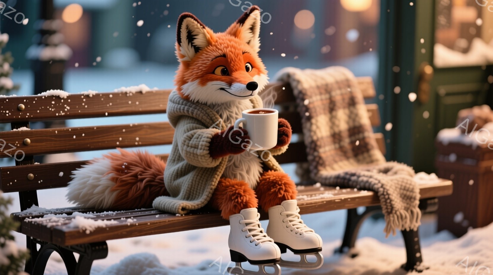 オレンジ色の毛並みを持つキツネが、冬の公園のベンチに座り、温かい飲み物を楽しんでいます。灰色のセーターを着ており、足元には白いスケート靴を履き、リラックスした表情で、周りの雪景色を眺めているようです。背景にはぼやけた街並みと雪が舞っており、温かく穏やかな冬の雰囲気が漂っています。