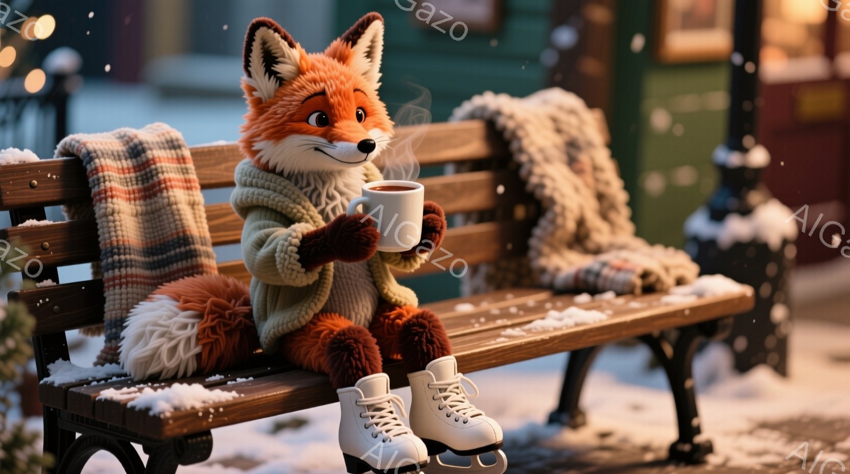 オレンジ色の毛並みを持つキツネが、冬の公園のベンチに座って温かい飲み物を楽しんでいます。キツネはクリーム色のニットセーター、オフホワイトのスケート靴を履き、首にストライプの暖かいスカーフを巻いています。背景には雪が舞い、ぼんやりと建物が見え、全体的に暖かく、落ち着いた冬の雰囲気が漂っています。