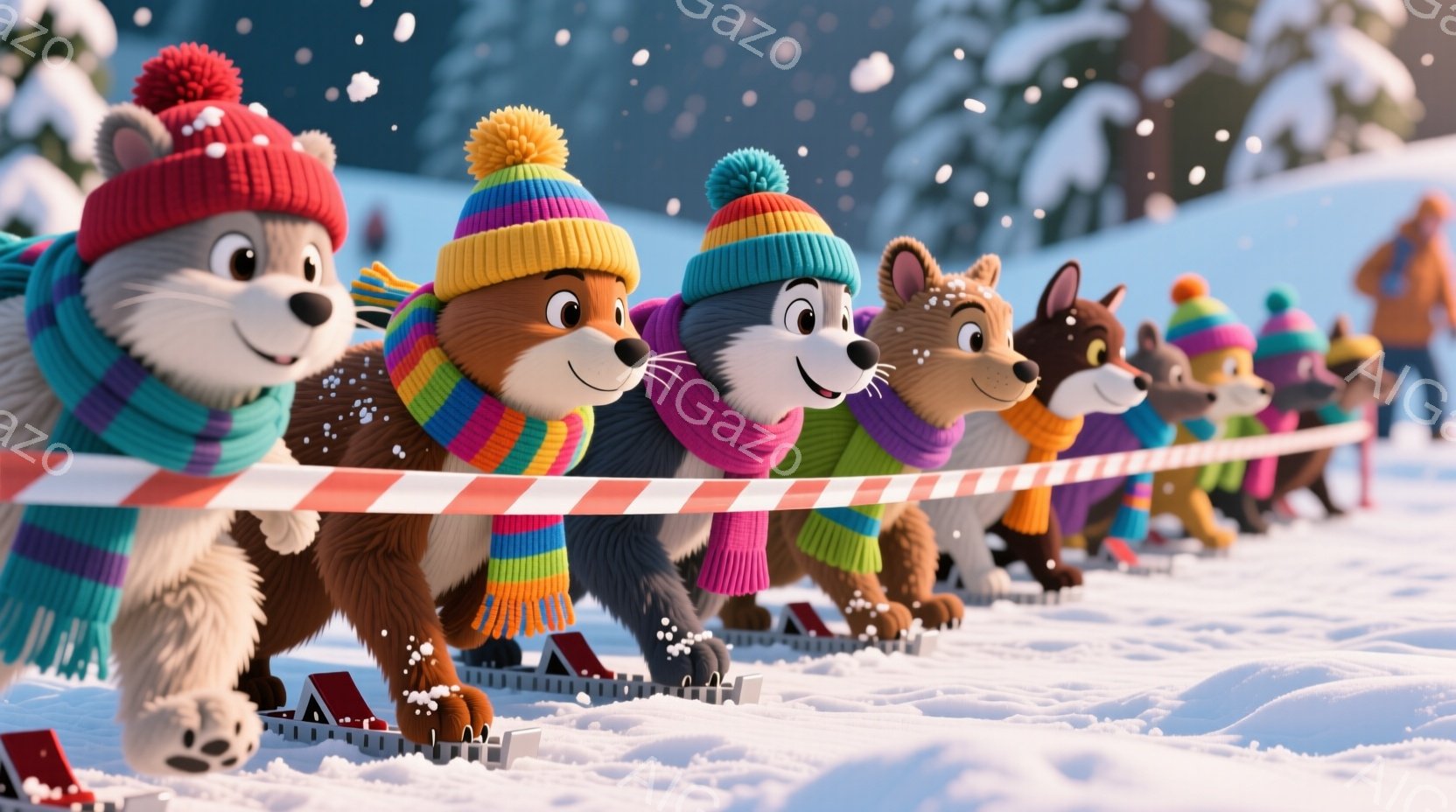 雪景色の中で、カラフルな帽子とマフラーを巻いた犬たちが一列に並び、スキー板の上でスタートラインに備えている様子が描かれている。それぞれの犬は異なる表情で、興奮と集中が入り混じっているように見える。背景には雪に覆われた山々と、遠くにぼんやりと見える建物があり、冬の活気と楽しさが感じられる。