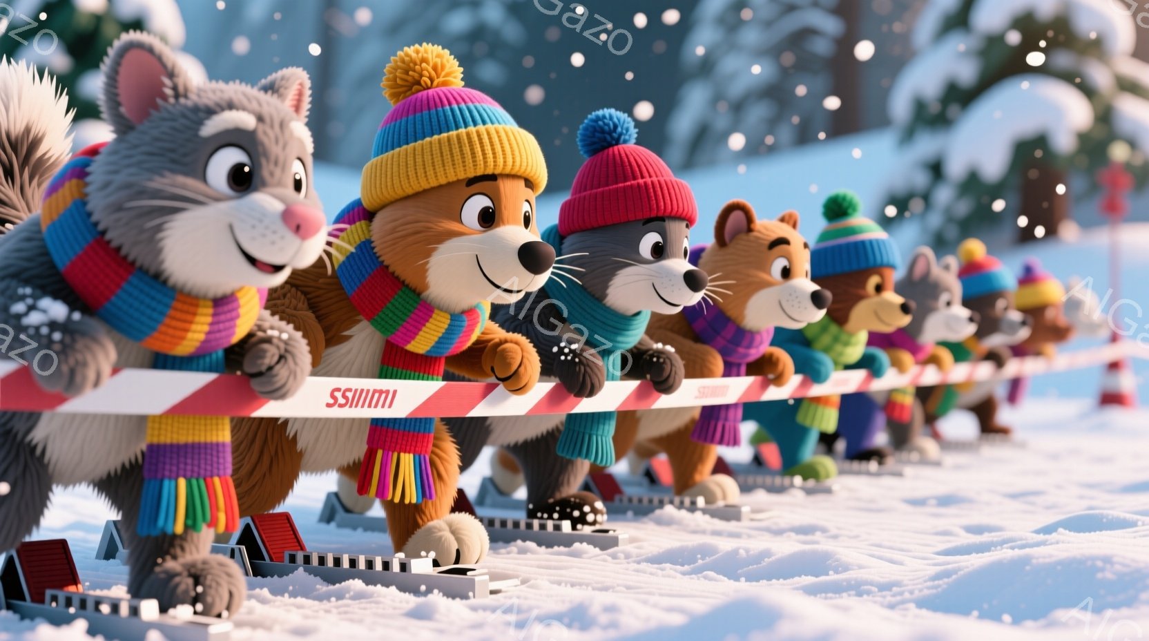 雪景色の中で、可愛らしい動物たちがスキーのスタートラインに整列している様子が描かれています。各動物はカラフルなニット帽とマフラーを身につけ、前かがみの姿勢で競争の準備をしているように見えます。背景には、雪で覆われた屋根の家々や舞い散る雪が確認でき、全体的に暖かく楽しい雰囲気を醸し出しています。