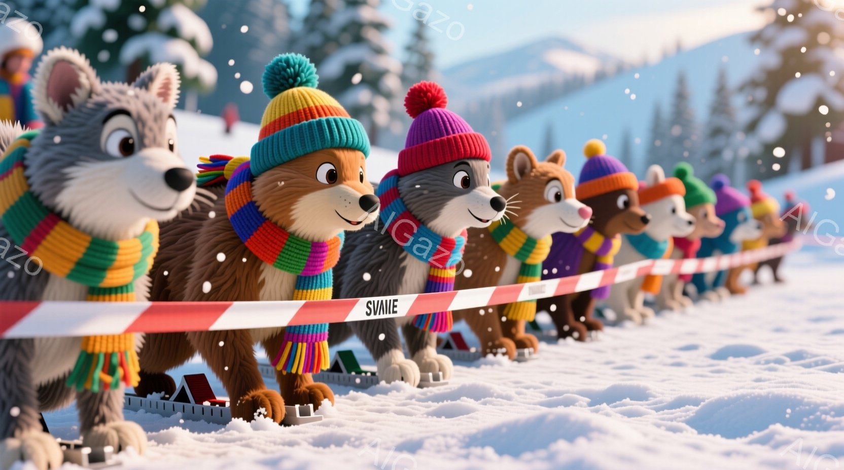 整列したかわいらしい茶色の狼のキャラクターが描かれており、それぞれ異なる色のカラフルなニット帽とストライプの長いマフラーを巻いています。彼らは全員、スケート靴を履いて雪上を滑っているように見え、一列になって赤いリボンを越えようとしています。背景は雪景色で、遠くには山々と森林が見え、冬の穏やかな雰囲気を醸し出しています。