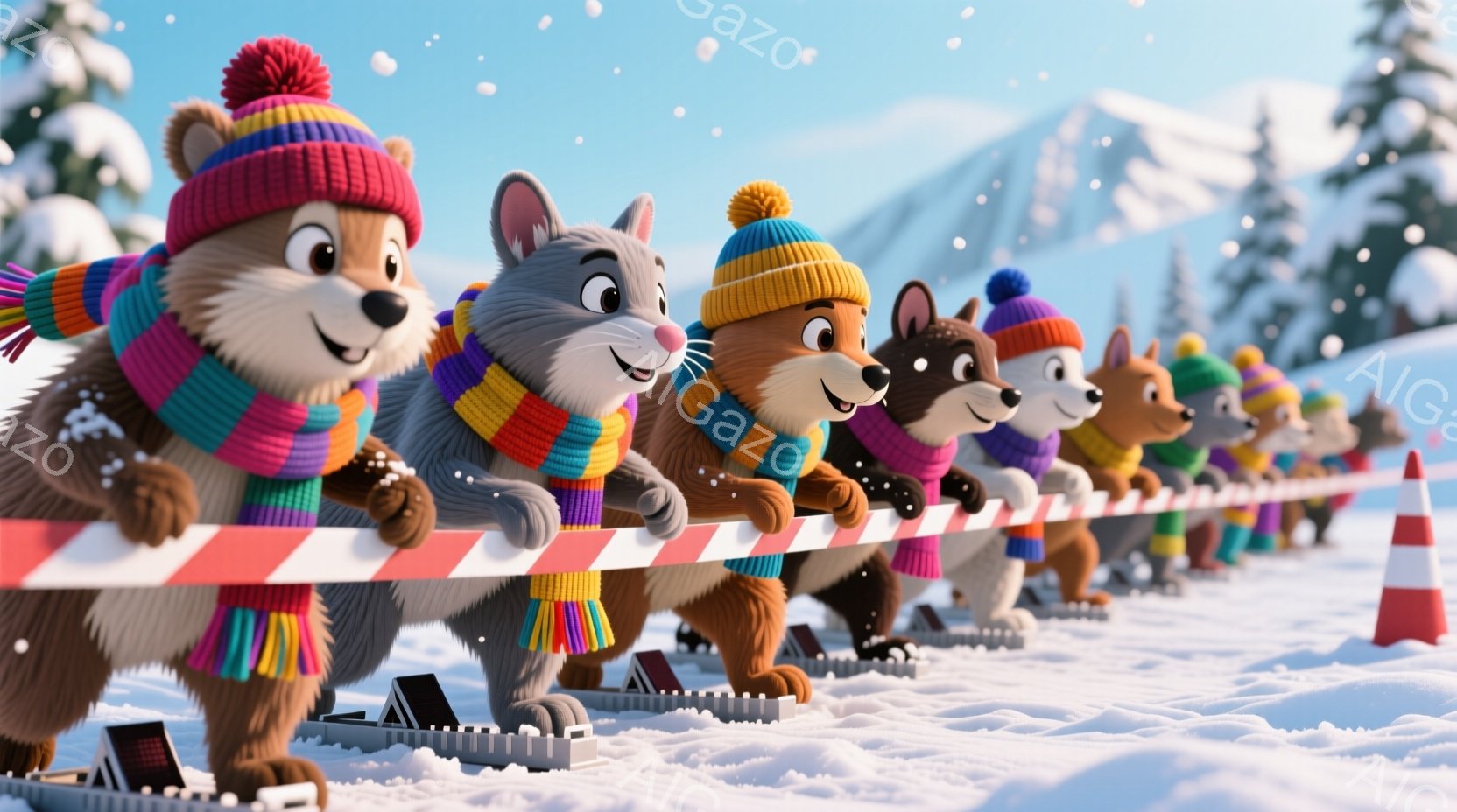雪景色の中で、様々な動物たちがスキー板に乗り、スタートラインに並んでいます。それぞれの動物はカラフルなニット帽とマフラーを身に着け、楽しそうな表情をしています。背景には雪山がそびえ立ち、全体的に明るく、陽気な冬の雰囲気が漂っています。