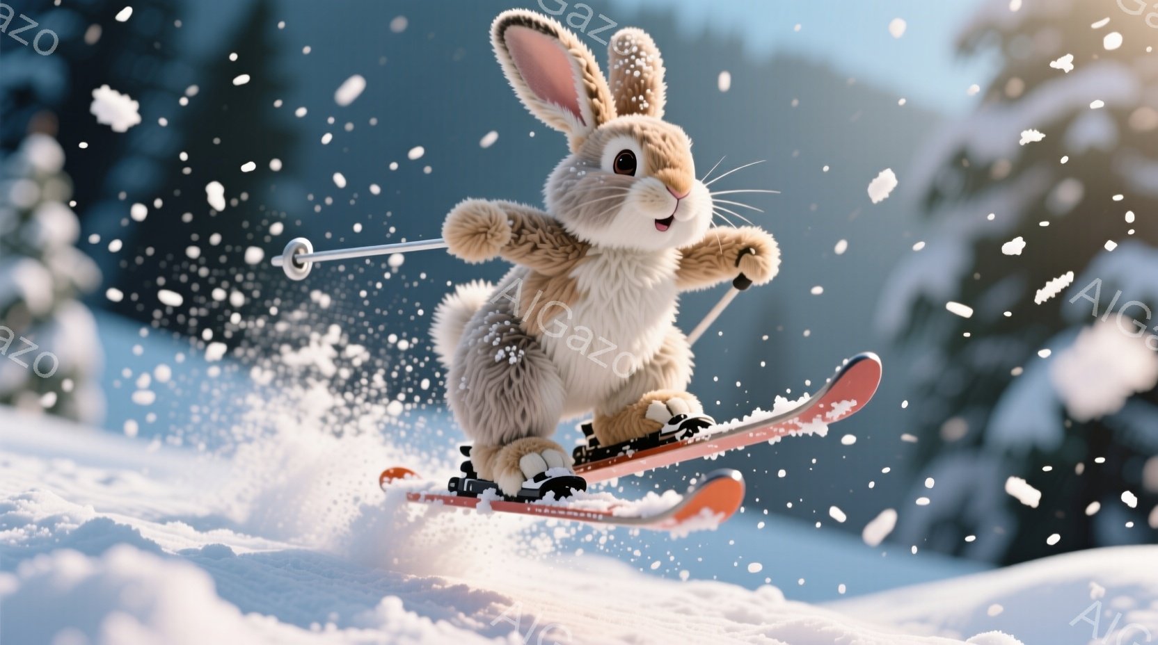 ふわふわの茶色のウサギがスキーをして雪の上を滑っている様子が描かれています。ウサギは赤いスキー板に乗り、片手にスキーポールを持ち、楽しそうな表情をしています。背景には雪景色が広がり、遠くには緑の木々が見え、冬の爽やかな雰囲気が漂っています。