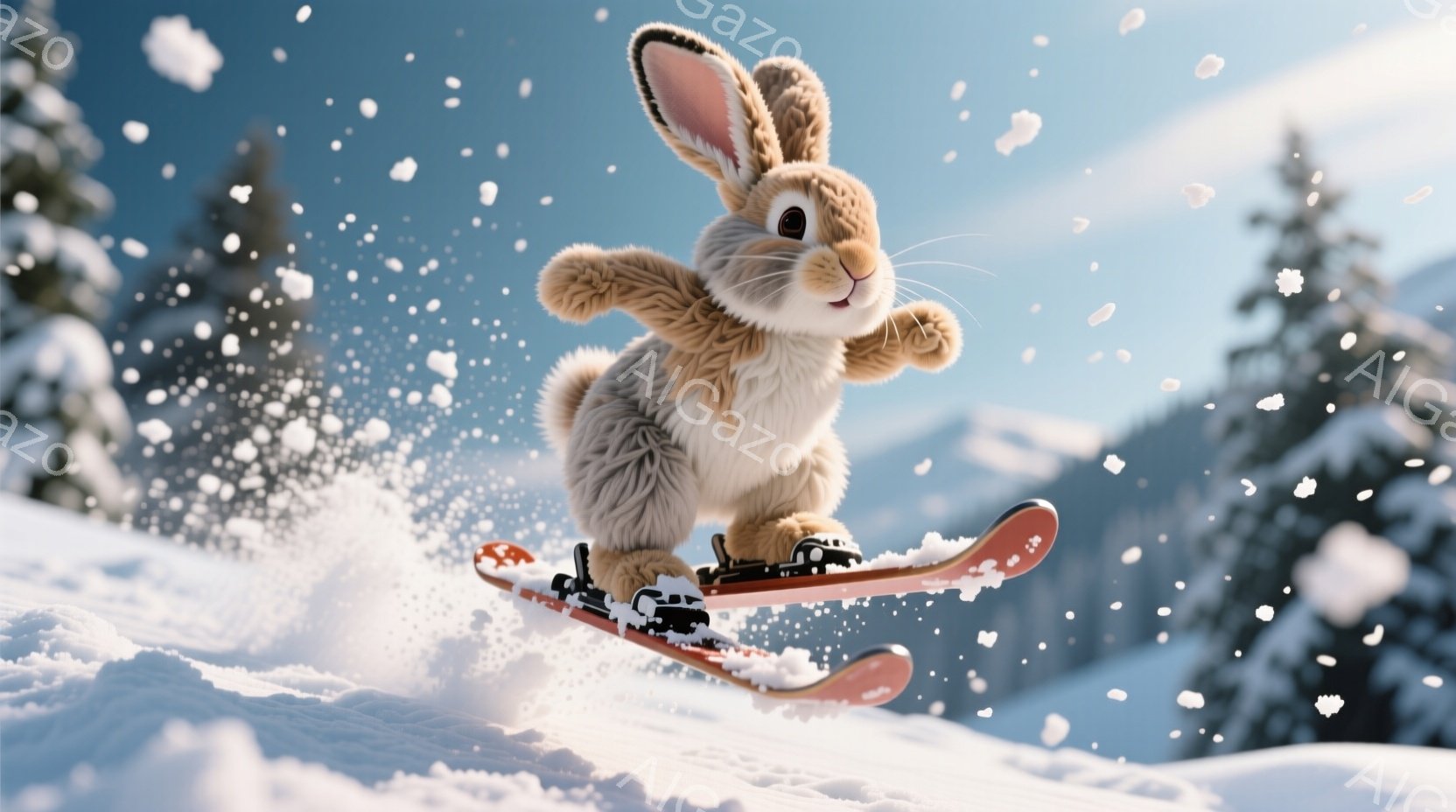 ふわふわの茶色いウサギがスキー板に乗って雪山を滑っている。ウサギは楽しそうな表情で、片手を上げて勢いよく滑っている様子が描かれている。背景には雪に覆われた山々と針葉樹林が広がり、雪が舞う冬の景色が印象的だ。