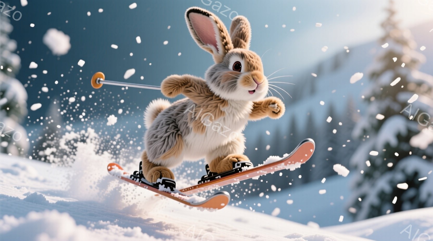 ふわふわの茶色のウサギがスキーをして雪の上を滑っている様子が描かれています。ウサギはオレンジ色のスキー板とスキーポールを持ち、楽しげな表情で勢いよく滑っています。背景には雪に覆われた木々と白い雪が舞う冬景色が広がっており、明るく活気のある雰囲気が漂っています。