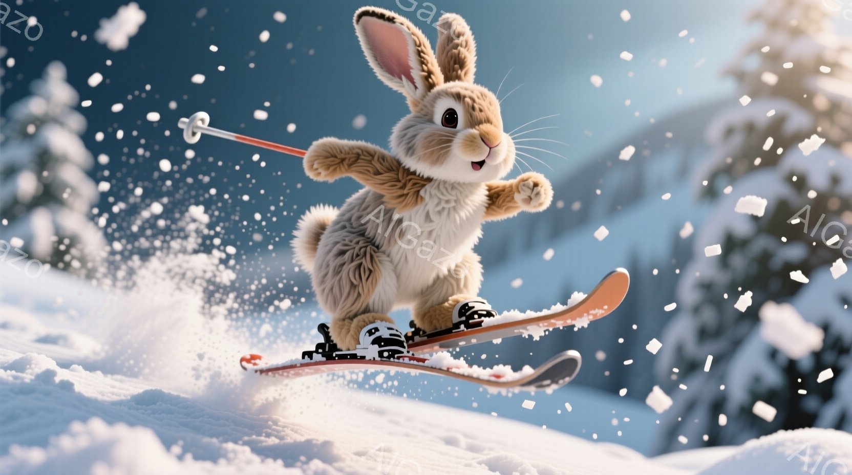 雪山をスキーで滑る、ふわふわの茶色のウサギが描かれています。ウサギは赤いスキー板とポールを持ち、楽しそうに滑走しています。背景は雪に覆われた山々で、雪が舞い、冬の活気あふれる雰囲気を醸し出しています。
