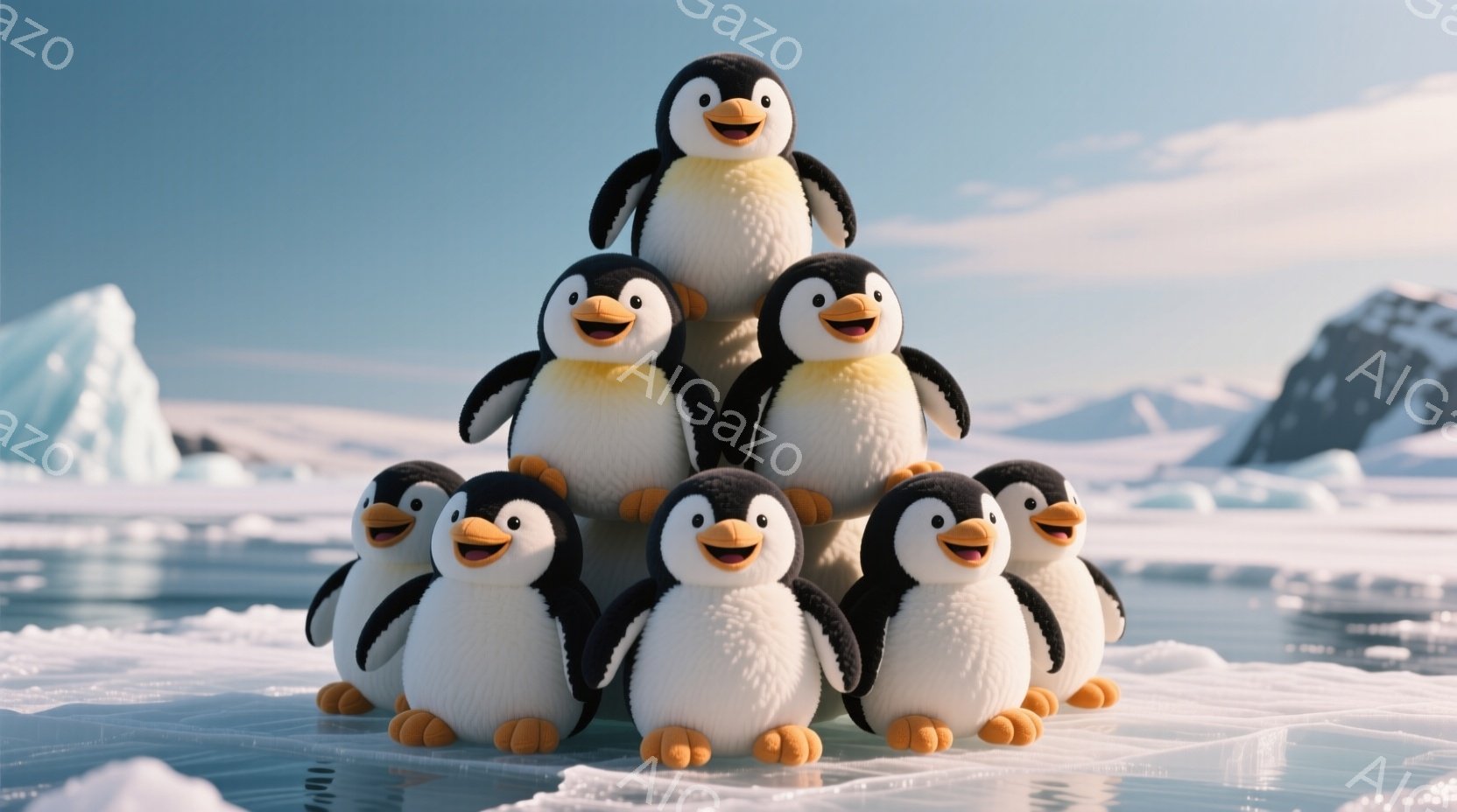 氷の上に積み重なった可愛らしいペンギンのグループが写っています。ペンギンたちは皆、白いお腹と黒い背中を持ち、オレンジ色の足と口ばしで、笑顔で顔を見せています。背景には、青い空と氷山が広がり、穏やかで平和な雰囲気を醸し出しています。