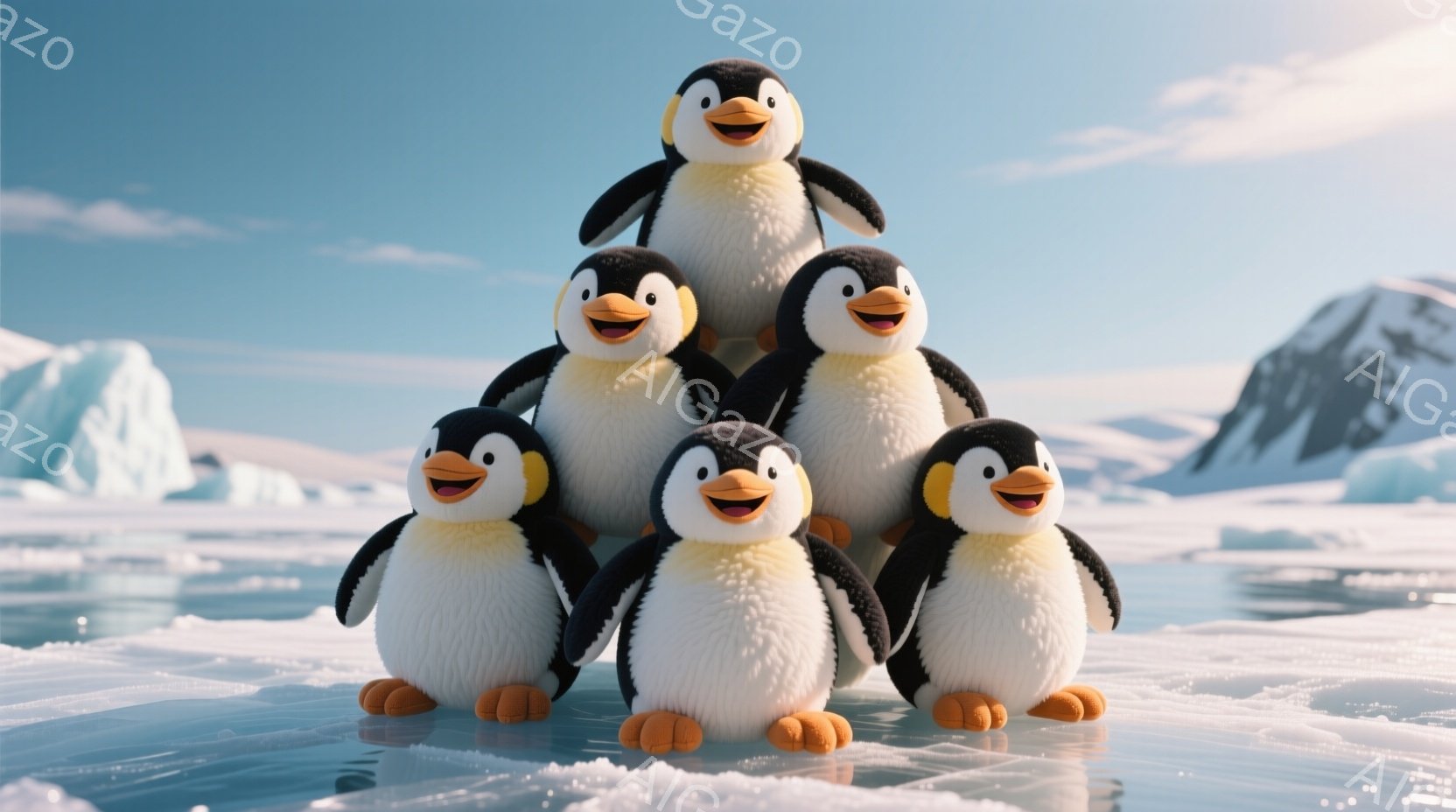 氷の上でピラミッド状に積み重なった５羽のペンギンが描かれています。ペンギンたちは皆、オレンジ色の足と口を持ち、明るい笑顔でこちらを見ています。背景には、氷山と青い空が広がり、全体的に明るく、遊び心のある雰囲気が漂っています。