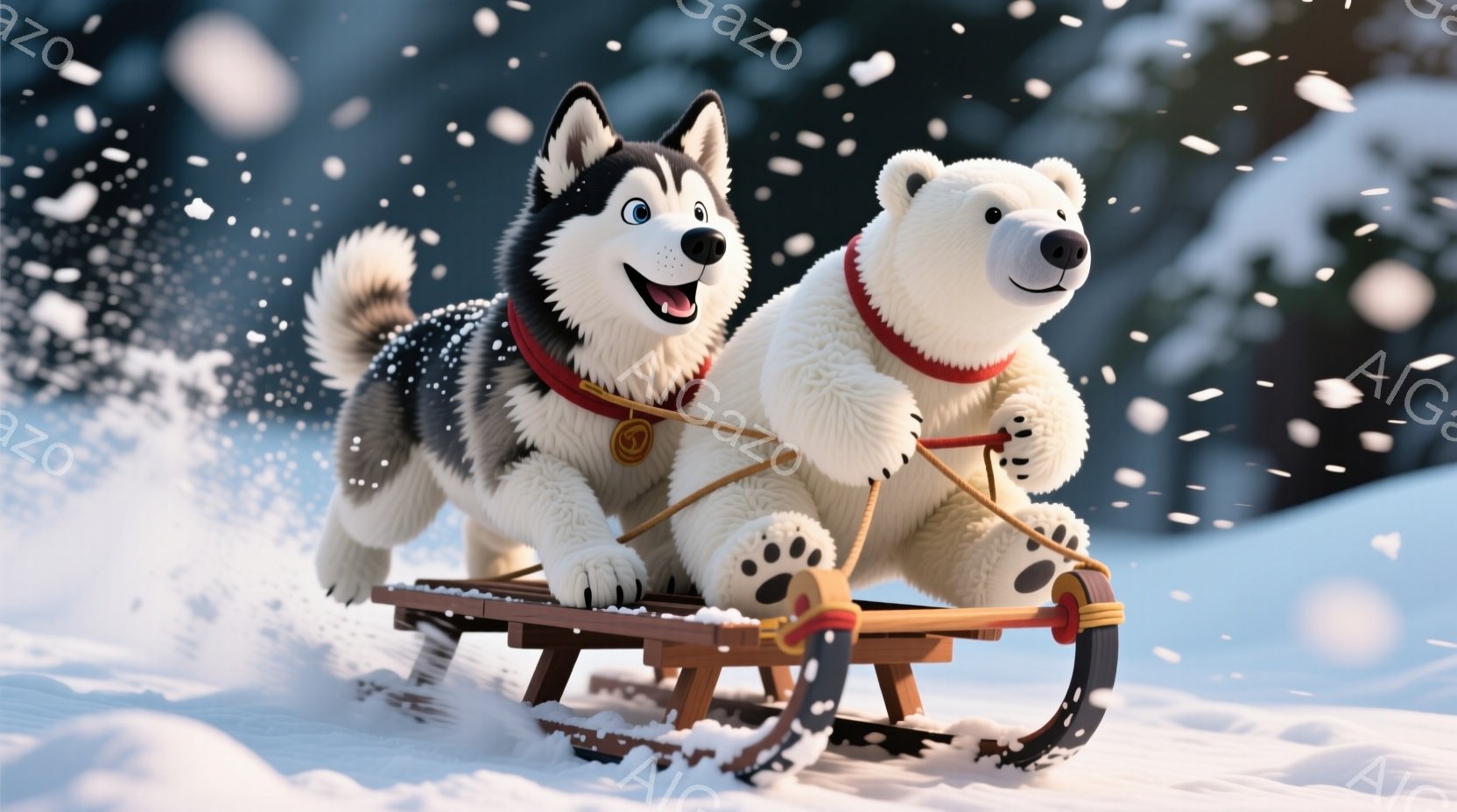 雪景色の中で、シベリアンハスキーと白熊がそりを引いて疾走している様子が描かれている。ハスキーは赤い首輪をつけており、嬉しそうな表情で前を見据え、白熊は前足を伸ばしてそりを牽いている。背景は雪に覆われた平原で、遠くにぼやけた木々が見え、雪が舞い散る冬の雰囲気が漂っている。