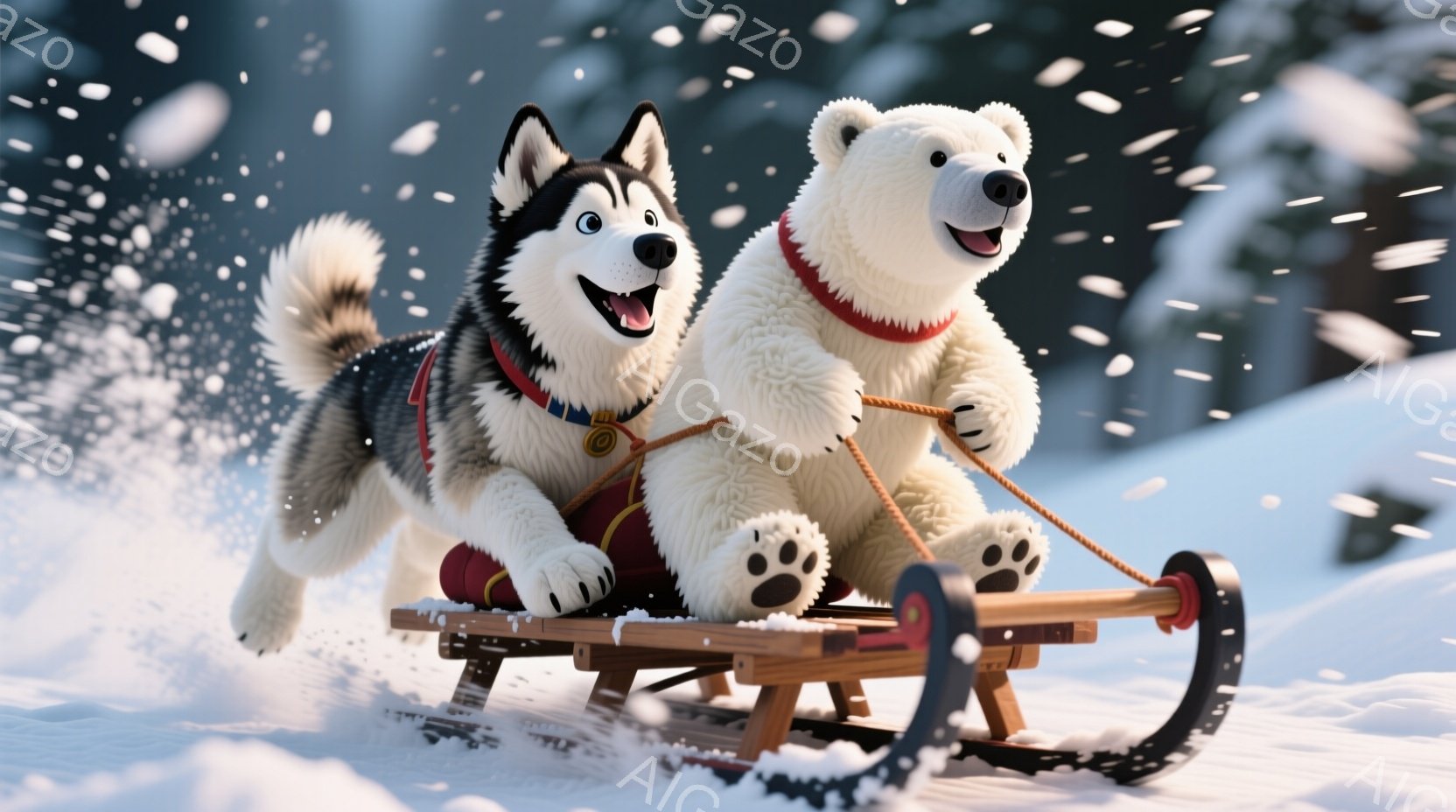 シベリアンハスキーと白くまが、雪の上をそりに乗って疾走している様子が描かれている。ハスキーは赤い服を着ており、白くまは赤いスカーフを巻いている。背景は雪景色で、雪が舞い散っており、楽しげで活気に満ちた - AI生成フリー素材