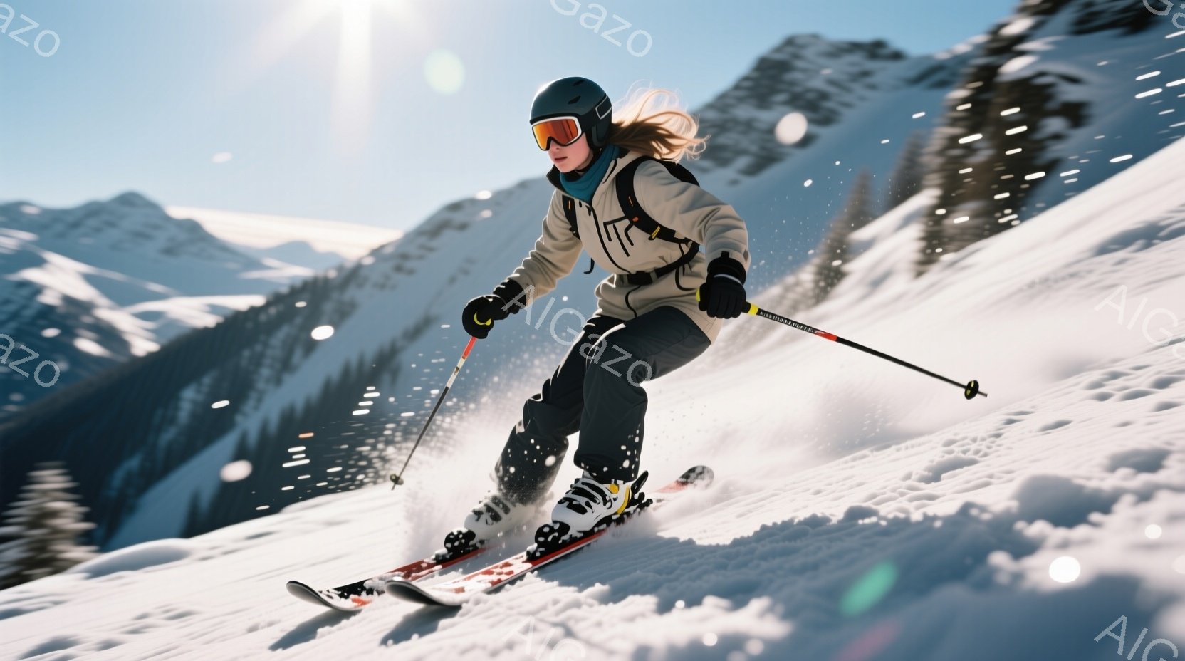 白い雪山をスキーヤーが滑っている写真です。彼女はベージュ色のジャケット、黒いズボン、そして鮮やかな色のスキーウェアを着用し、長い髪を後ろでまとめています。背景には雪を頂いた山々が連なり、晴天の下、爽やかな冬の雰囲気が漂っています。