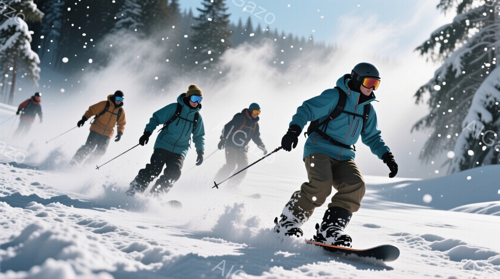 晴れた冬の日、スキーヤーが雪上を滑走している様子が写っている。彼らはそれぞれ色とりどりのスキーウェアとゴーグルを着用し、高速で雪面を滑っている。背景には針葉樹林が広がり、雪が舞い、冬の爽やかな雰囲気を醸し出している。