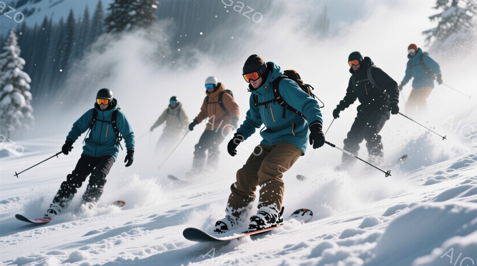 雪山をスキーで滑降する人々の様子が写っている。彼らは鮮やかな色のスキーウェアとゴーグルを着用し、全員が前傾姿勢でスピード感あふれる滑りをしている。背景には針葉樹林が広がり、吹雪によって視界がぼやけており、冬のダイナミックな雰囲気を醸し出している。