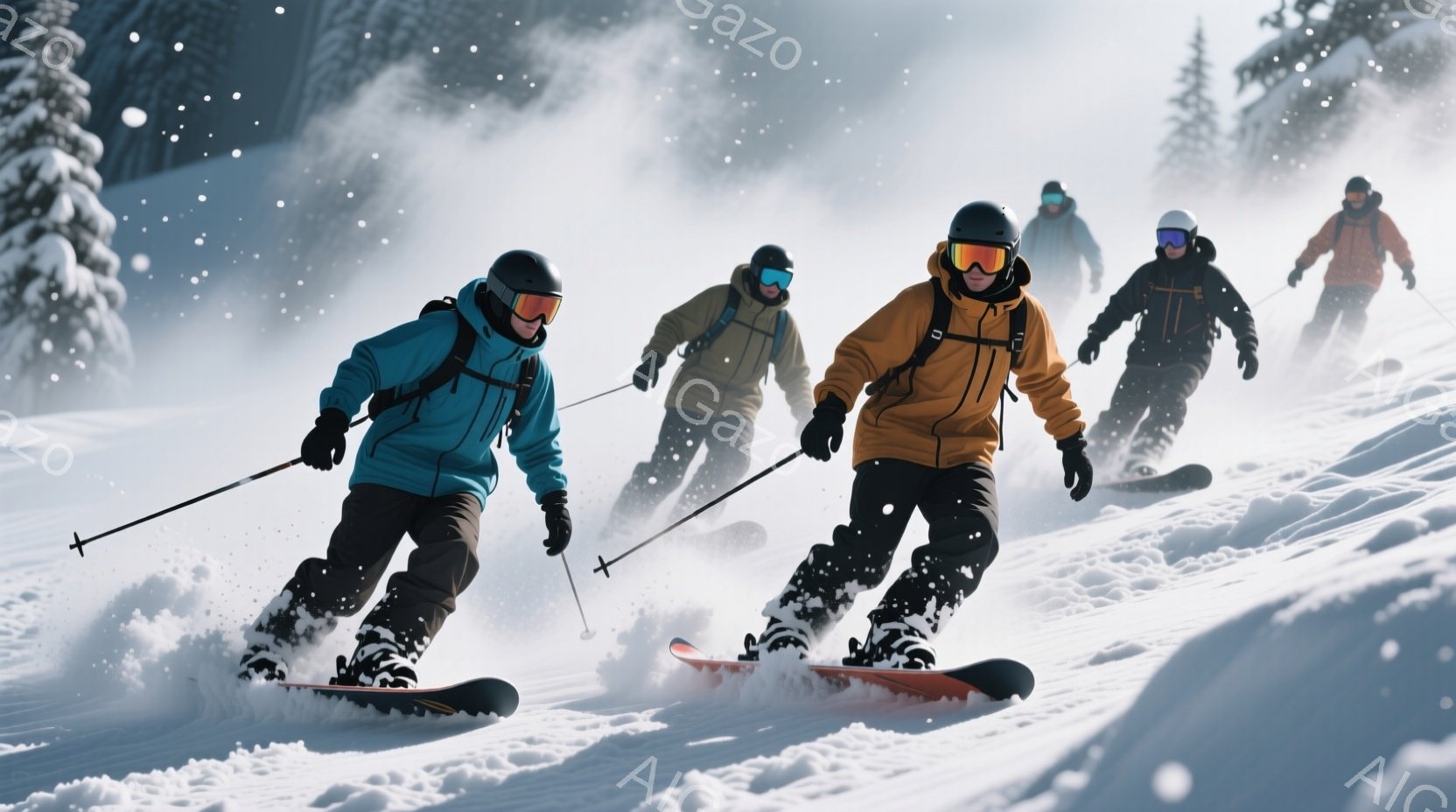 鮮やかな青と黄色のスキーウェアを身に着けた人々が雪山を滑走している。彼らはヘルメットとゴーグルを着用し、スキーポールを使ってバランスを取りながら、雪煙を上げてスキーを楽しんでいる。背景には針葉樹林が広がり、天候は晴れて雪が舞う、冬のスキーリゾートの活気ある光景である。