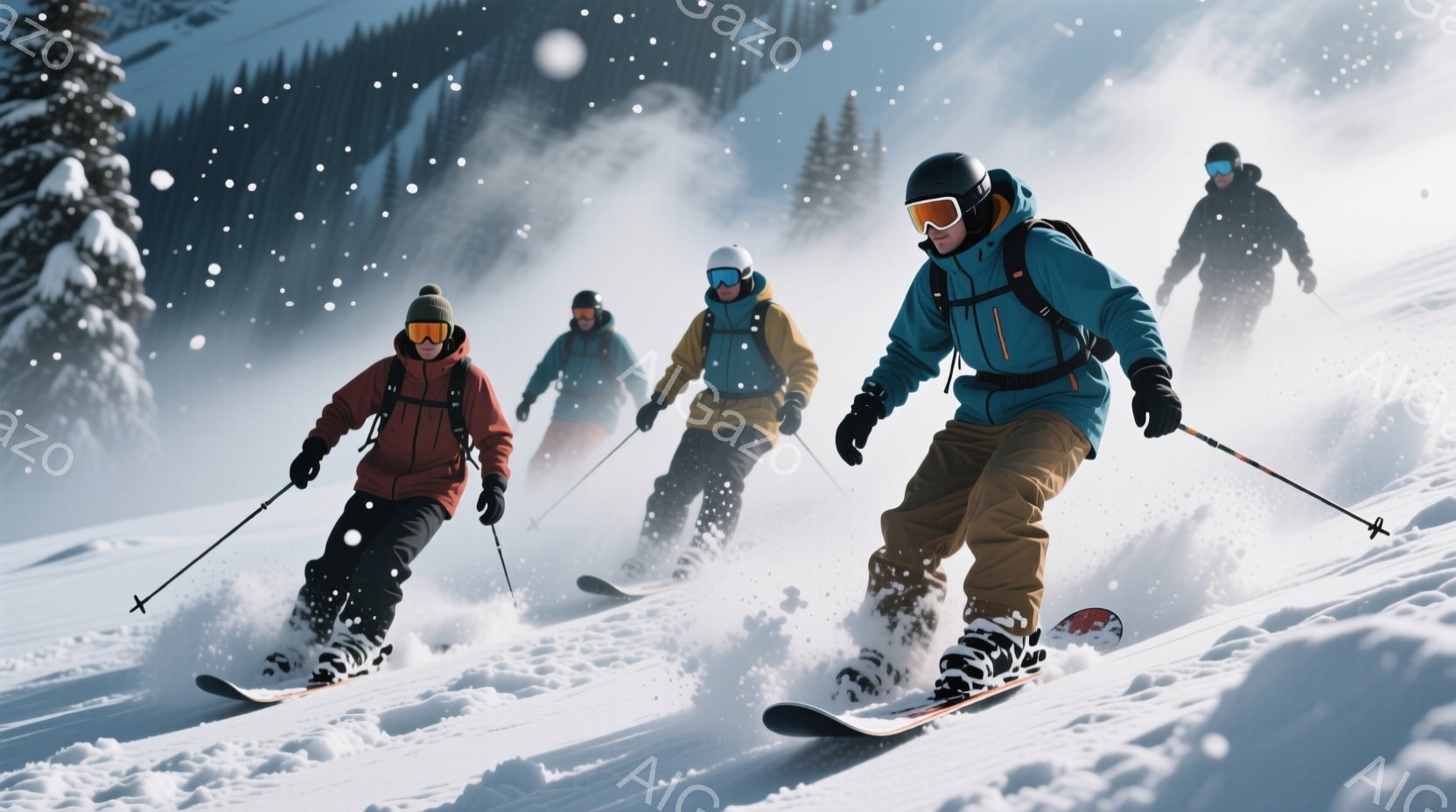 雪山をスキーで滑走する男性たちが写っている。彼らはそれぞれ色とりどりのスキーウェアとゴーグルを着用し、顔はゴーグルで覆われているため表情は読み取れないが、活発にスキーを楽しんでいる様子が伝わる。背景には雪に覆われた山々と、雪が舞う冬の景色が広がり、爽やかでアクティブな雰囲気が漂っている。