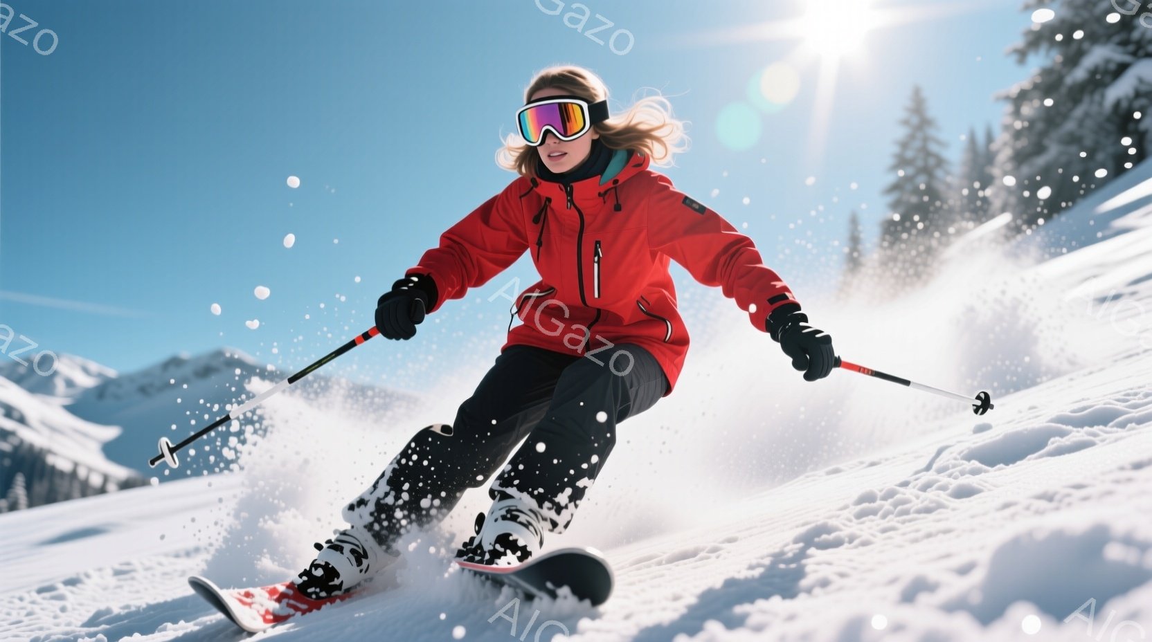 スキーヤーが雪の上を滑っている様子が写っています。彼女は赤いスキーウェアに黒いズボン、白地に黒模様のスキーブーツを履き、ゴーグルをかけています。背景には雪をまとった山々と木々が見え、晴天のもと、活気に満ちた冬の雰囲気が伝わってきます。