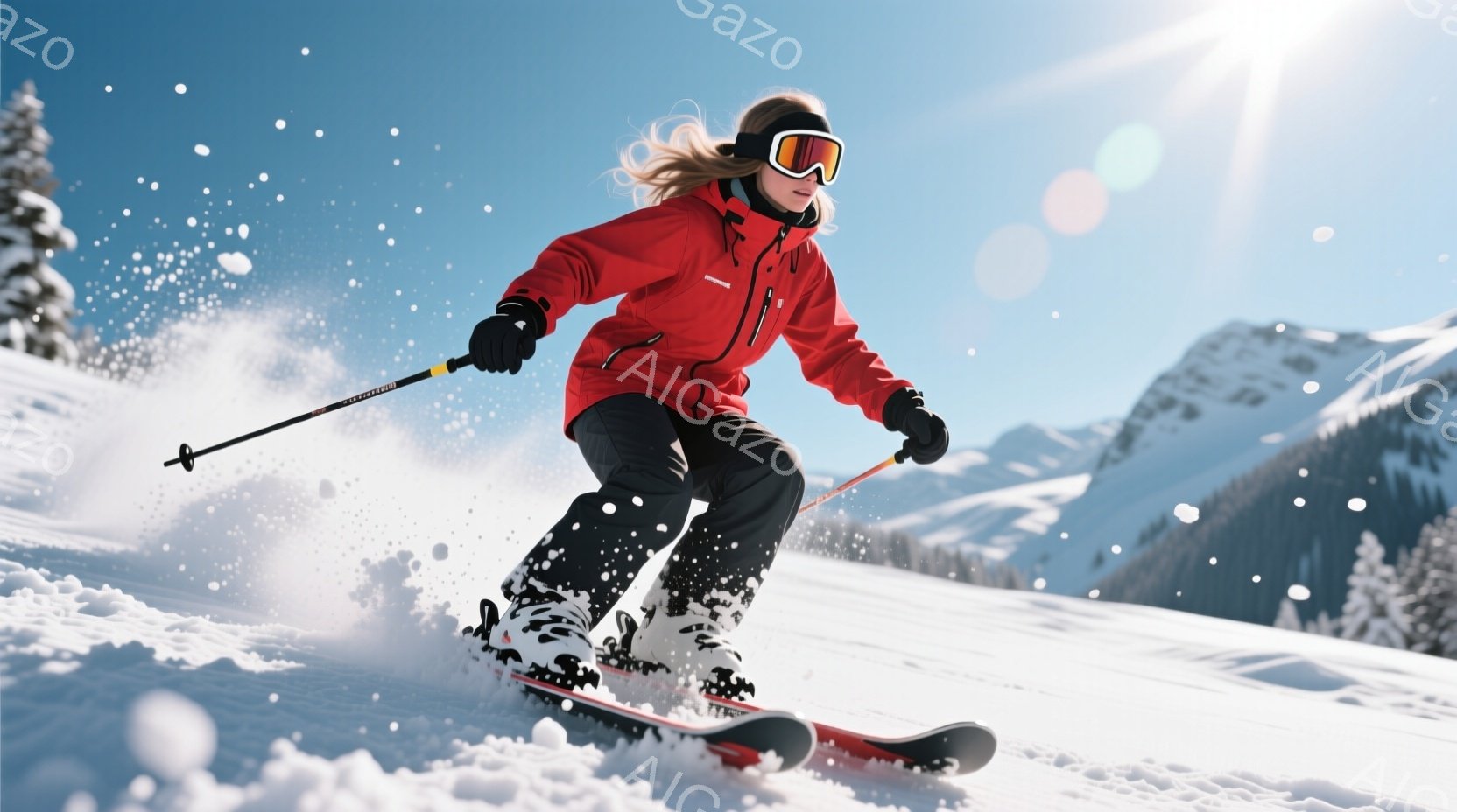 スキーヤーは鮮やかな赤いスキーウェアと黒のズボンを身につけ、ヘルメットとゴーグルを着用し、雪上を滑走しています。彼女は前傾姿勢で、スキーポールを構え、スピード感のある滑りをしています。背景には雪を頂い - AI生成フリー素材