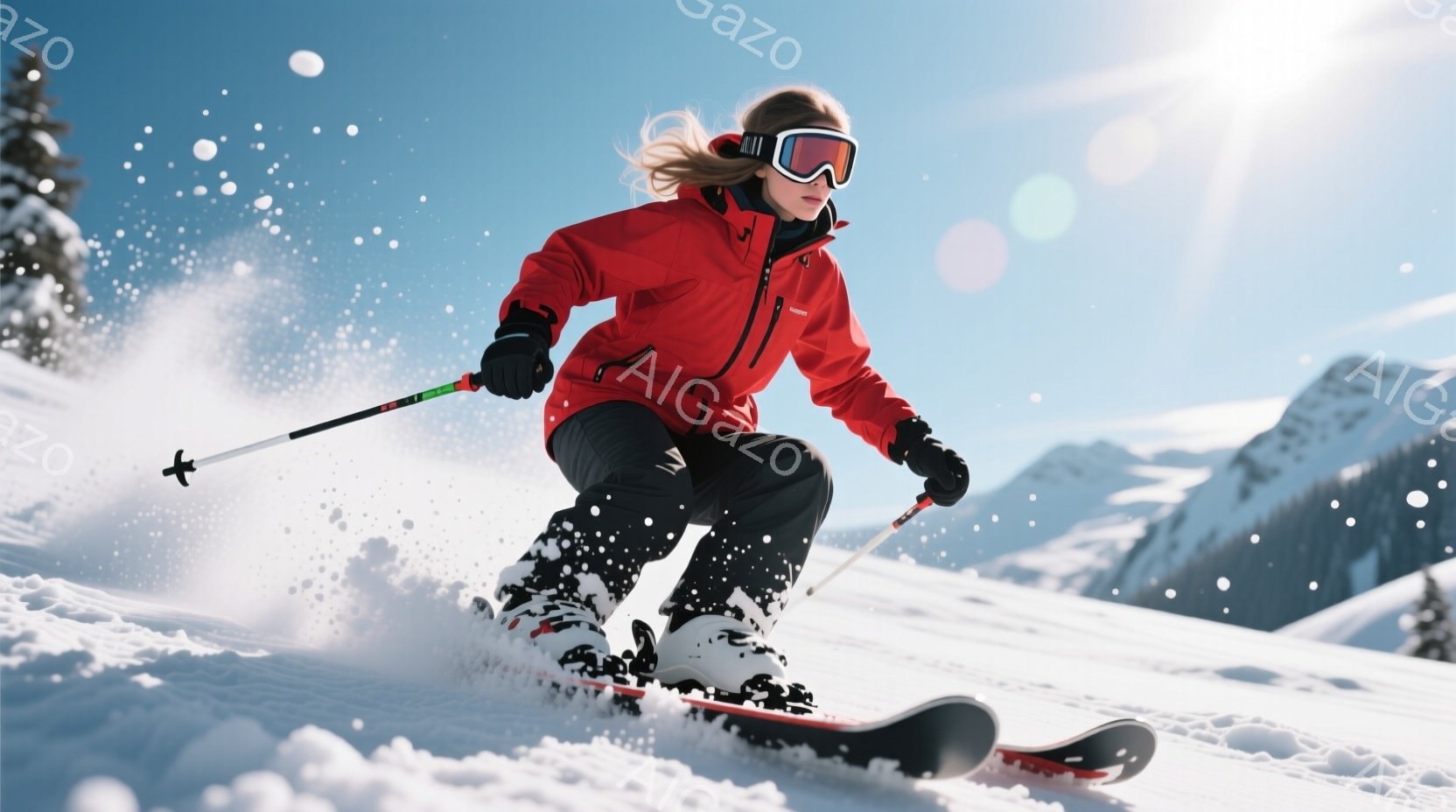 スキーヤーが雪山を滑走している様子が写っています。鮮やかな赤いスキーウェアに黒のズボン、そして白いゴーグルと髪を後ろでまとめた女性は、スピードに乗って雪面を切り裂いています。背景には雪を抱いた山々が広がり、晴天のもと、爽快な冬の雰囲気を醸し出しています。