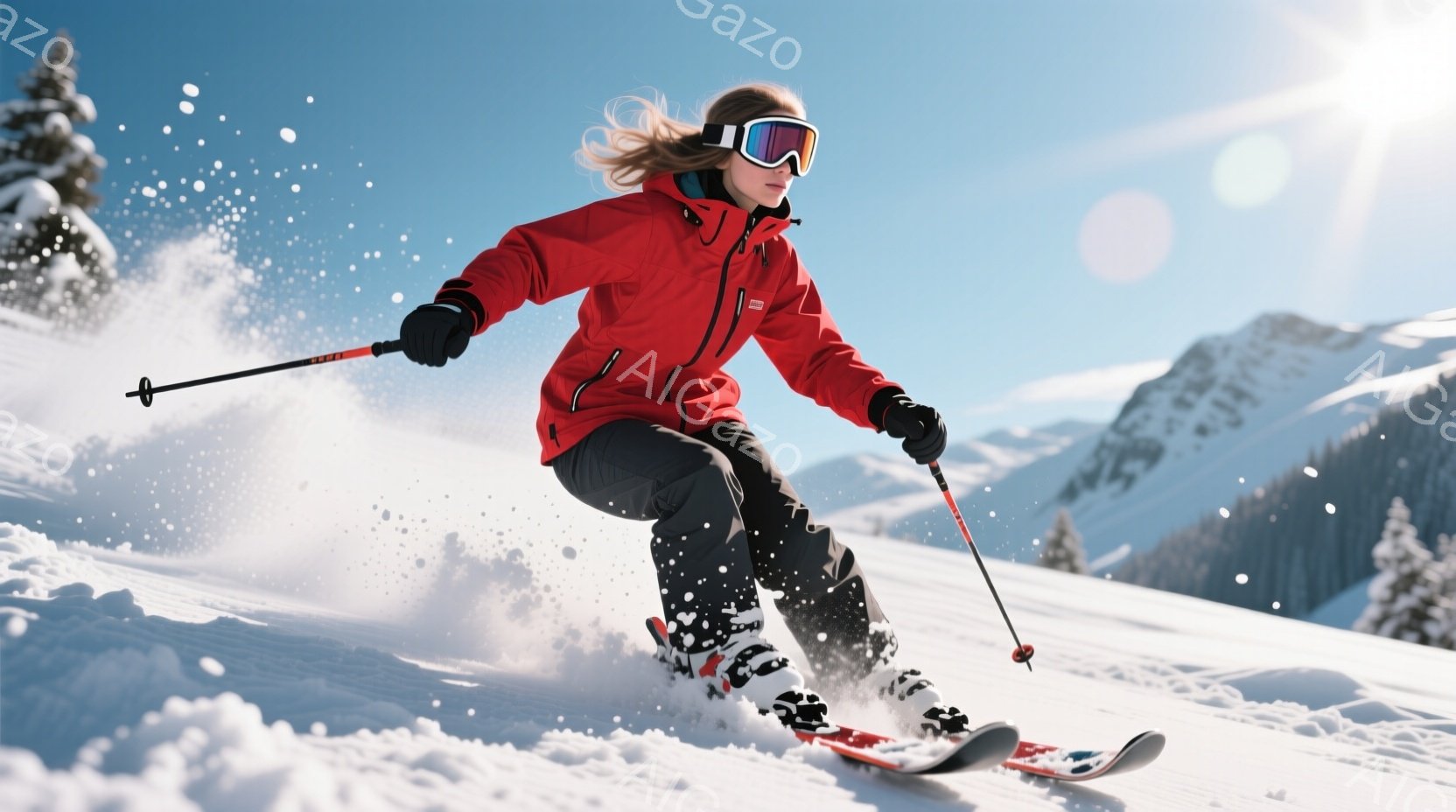スキーヤーが雪山を高速で滑っている様子が写っている。赤色のスキーウェアに黒いヘルメットとゴーグルを着用し、髪はポニーテールになっている。背景には雪を頂いた山々が広がり、晴天で雪が舞う冬の景色が広がっている。