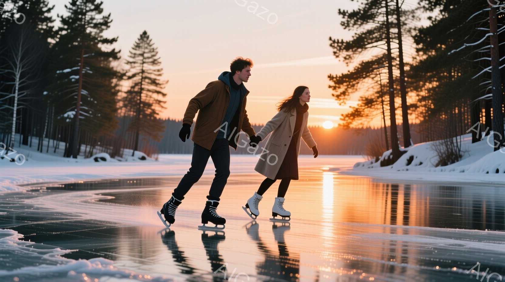 雪景色の中で、カップルが手をつないでスケートを楽しんでいる様子が描かれている。男性は濃い色のズボンにジャケット、女性はロングコートを着用し、共に白いスケート靴を履いている。背景には針葉樹林が広がり、夕 - AI生成フリー素材