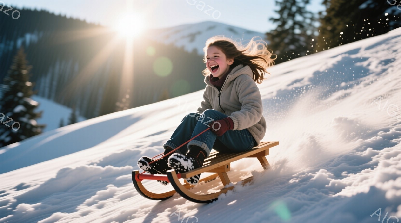 雪の上をそりに乗って下っている少女が写っています。彼女は茶色の髪をなびかせ、赤い手袋と黒いブーツを履き、笑顔で興奮した表情をしています。背景には雪に覆われた森林と、太陽の光が差し込む青空が広がっており、冬の暖かく楽しい雰囲気が漂っています。