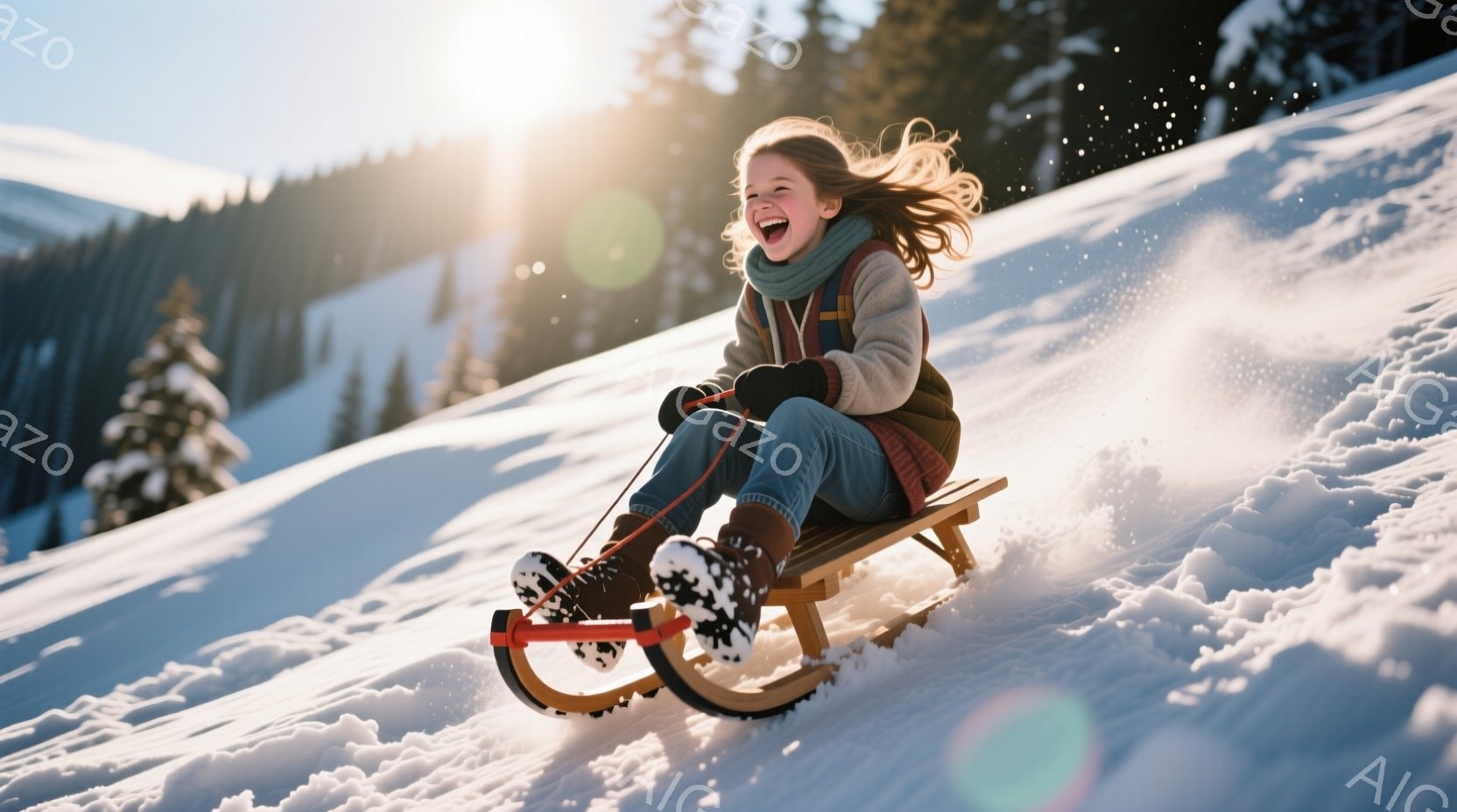 雪の上をそりに乗って滑っている少女が写っている。彼女は茶色の毛髪を風になびかせ、笑顔で前を見つめている。背景には雪に覆われた山々と晴れた空が広がり、冬の暖かく楽しい雰囲気が漂っている。 - AI生成フリー素材