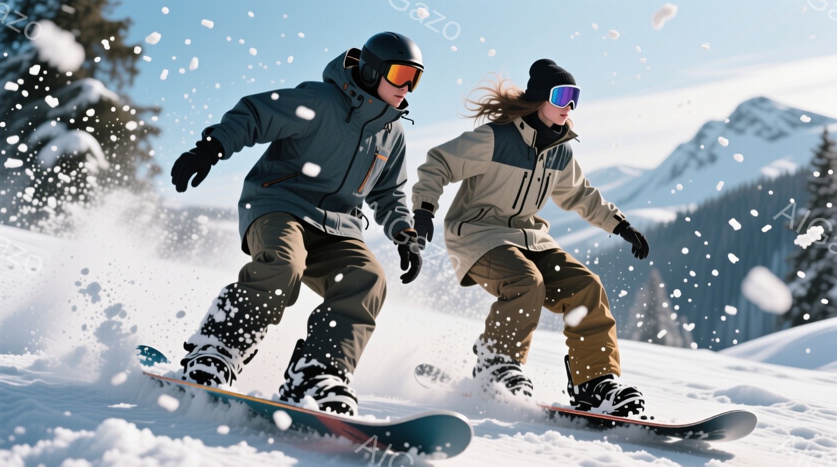 スノーボードを楽しむ男女が写っています。男性は黒いヘルメットとゴーグルを着用し、ダークグレーのジャケットと黒いズボン、黒いブーツを履いています。女性は茶色の長い髪を出し、黒いニット帽とゴーグル、ベージュのジャケットとカーキ色のズボン、黒いブーツを着用しており、スノーボードに乗って雪煙を上げながら疾走しています。