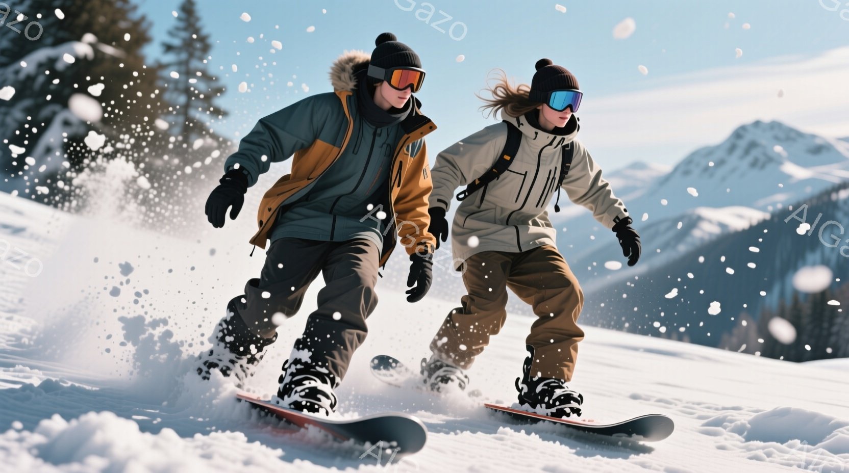 雪山をスキーで滑走する男女が写っている。男性は黒いニット帽とサングラスを着用し、オレンジと黒のスキーウェアを着ており、女性は同様にニット帽とゴーグルを着用し、ベージュのスキーウェアを着ている。背景には雪を被った山々が広がり、晴天で雪が舞う冬の日の活気ある雰囲気が伝わってくる。