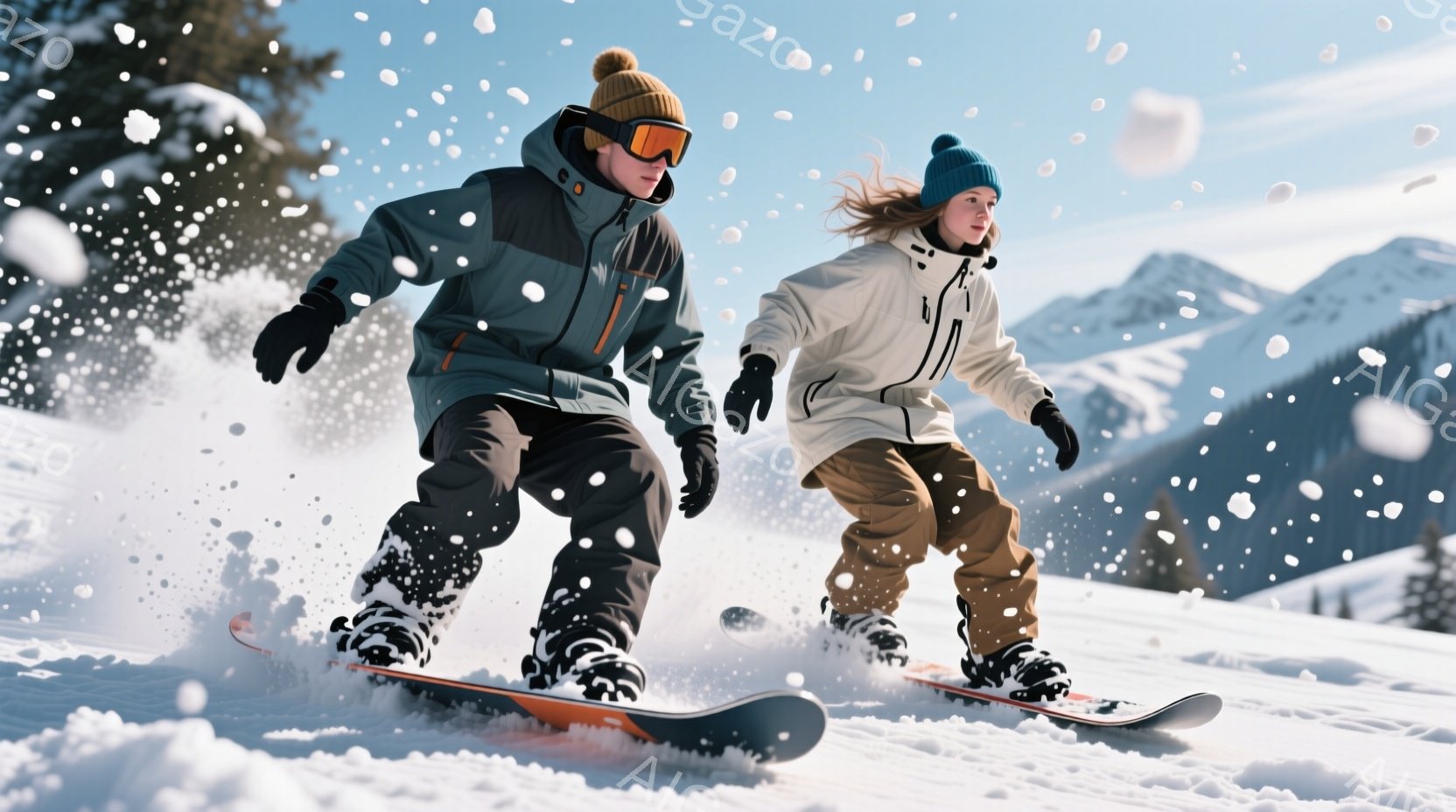 スノーボードを楽しむ男女が写っている。男性は黒のヘルメットとゴーグルを着用し、グレーとオレンジのジャケット、黒のズボン、そしてスノーボードブーツを履いている。女性は、濃い茶色の髪を頭の上でまとめており、白いジャケットとベージュのズボンを着用し、同様にスノーボードブーツを履き、雪煙を上げながら高速で滑っている。