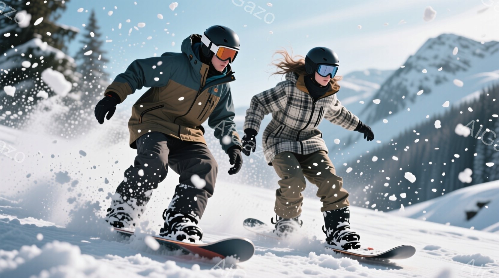 雪山をスノーボードで滑走する男女が写っています。男性は黒いヘルメットとゴーグルを着用し、濃い色のジャケットと黒いズボン姿です。女性はチェック柄のジャケットとベージュのズボンを着用し、髪を後ろでまとめています。