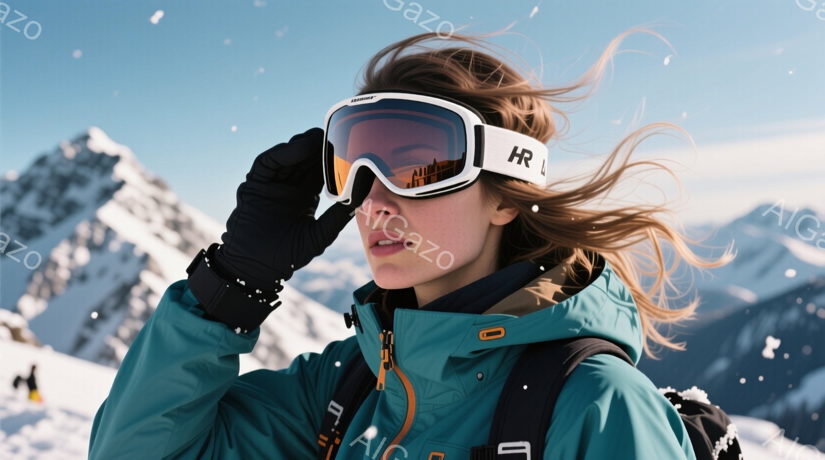 スキー場で雪に囲まれた女性のポートレートです。彼女はターコイズブルーのスキーウェア、黒い手袋、ゴーグルを着用し、風になびく長いブロンドの髪を持っています。背景には雪山が広がり、雪が舞う冬の風景が広がっています。