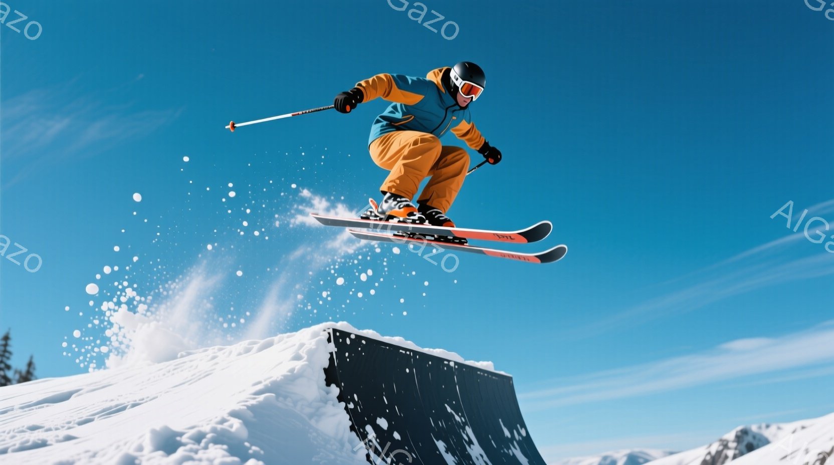 オレンジと黒のスキーウェアを着たスキーヤーが、雪のゲレンデでエアを披露しています。彼は空中での姿勢を保ちながら、スノーパークのレールの上を飛び越えています。背景には青空が広がり、雪山が連なり、晴れた冬の日の活気ある雰囲気が漂います。