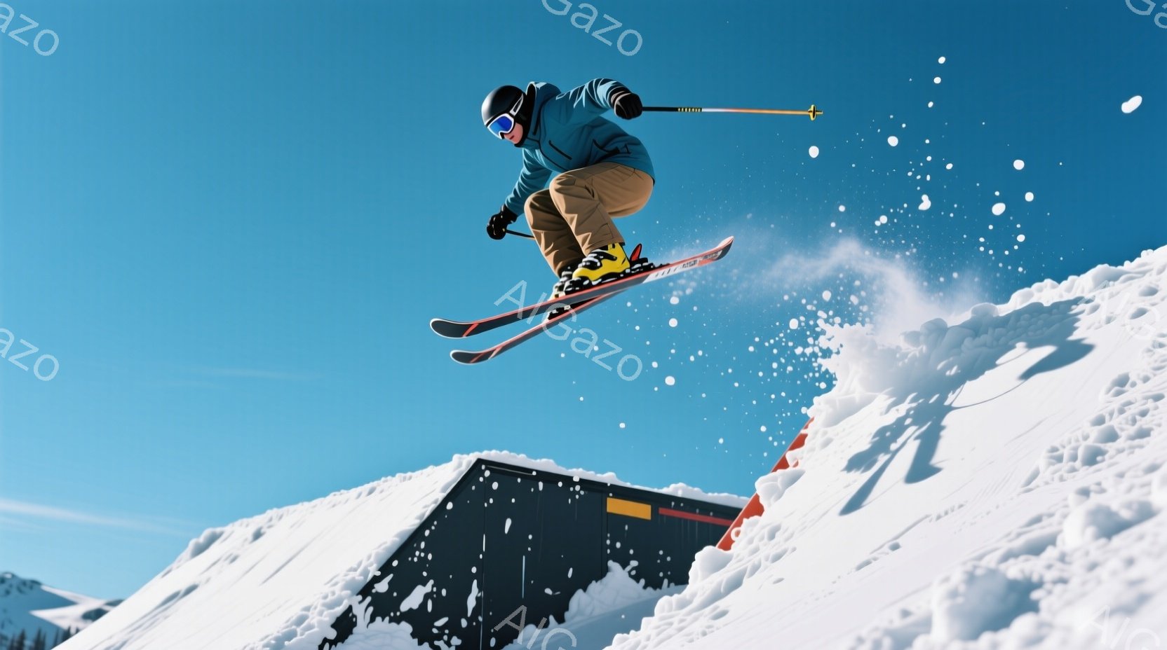 雪山のパークでスキーヤーがジャンプを決めている写真です。彼は紺色のジャケットとベージュのズボンを着用し、ヘルメットとゴーグルで身を守っています。背景には雪に覆われた山々と、パークの施設が見え、晴天の下で爽やかな雰囲気が漂っています。