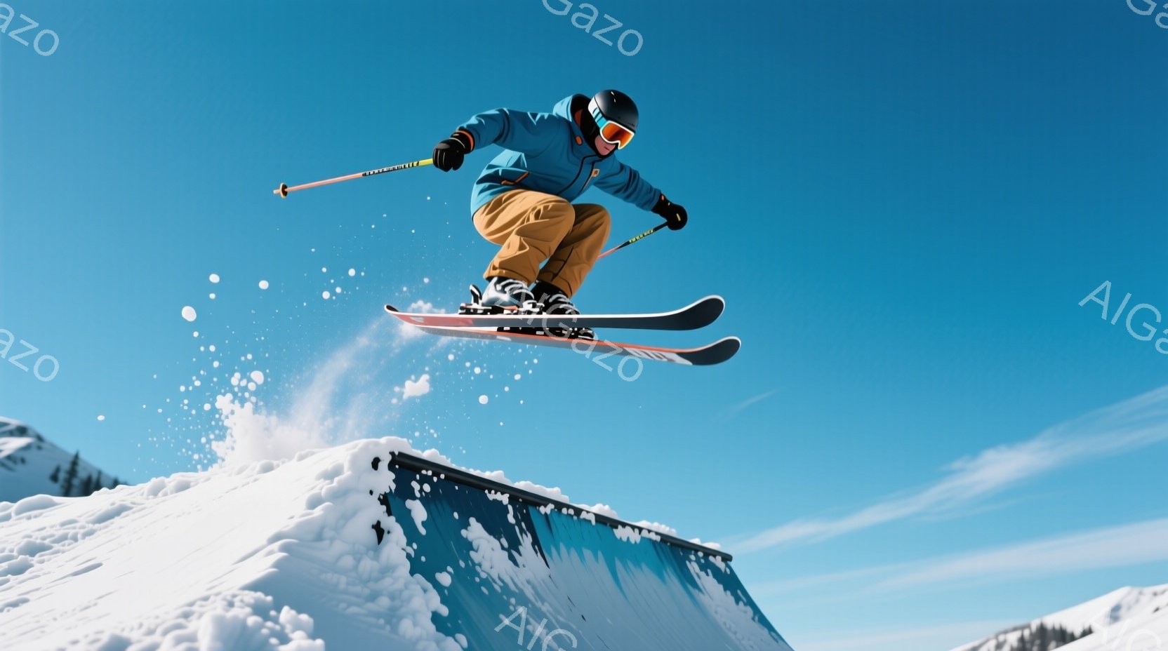 スキーヤーが雪の上のレールの上を飛び越えている様子が捉えられています。彼は青色のジャケットとオレンジ色のズボンを着用し、ヘルメットを被っています。背景には雪山が広がり、晴天の下、爽やかな冬の雰囲気が漂っています。