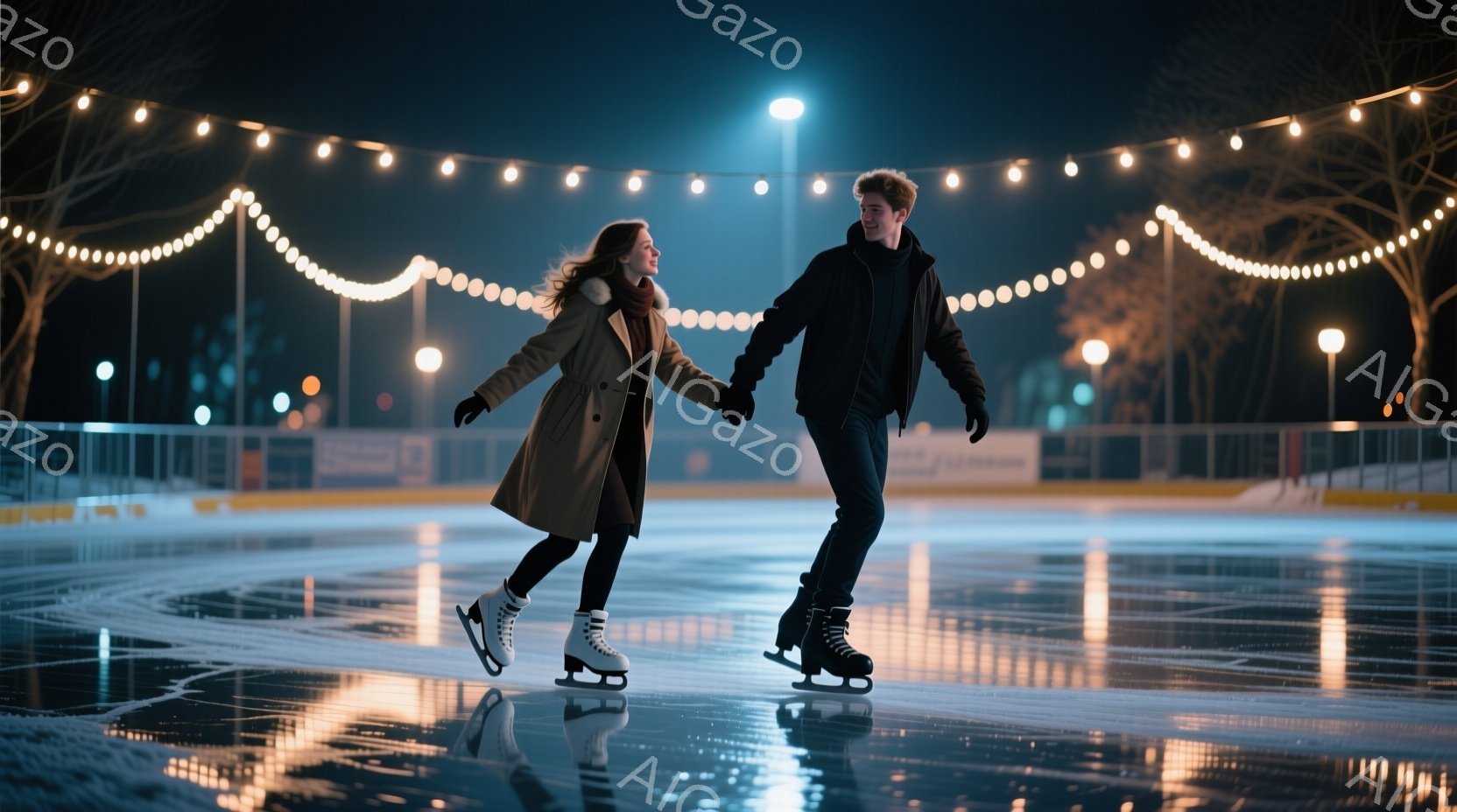 スケートリンクでカップルが手をつないで滑っている様子が描かれています。女性はベージュ色のロングコートを着ており、髪は後ろでまとめています。男性は黒いジャケットを着ており、二人とも楽しそうな表情で、リン - AI生成フリー素材