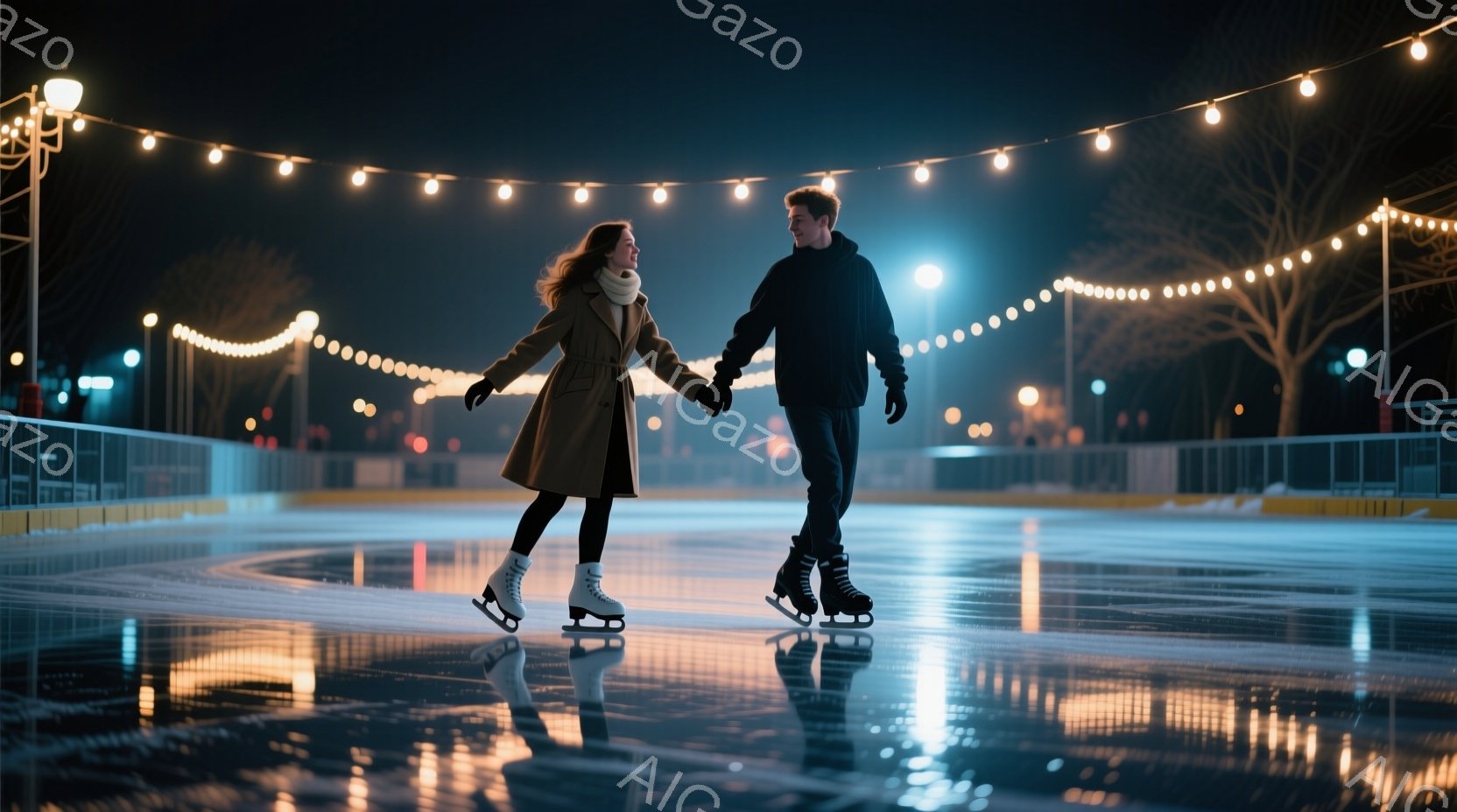 長い茶色のコートを着た女性と黒いジャケットを着た男性が、夜のスケートリンクで手をつないで滑っている。リンクは光のイルミネーションで飾られ、背景にはぼやけた街並みと木々が見える。氷面には光が反射し、ロマンチックで温かい雰囲気を醸し出している。