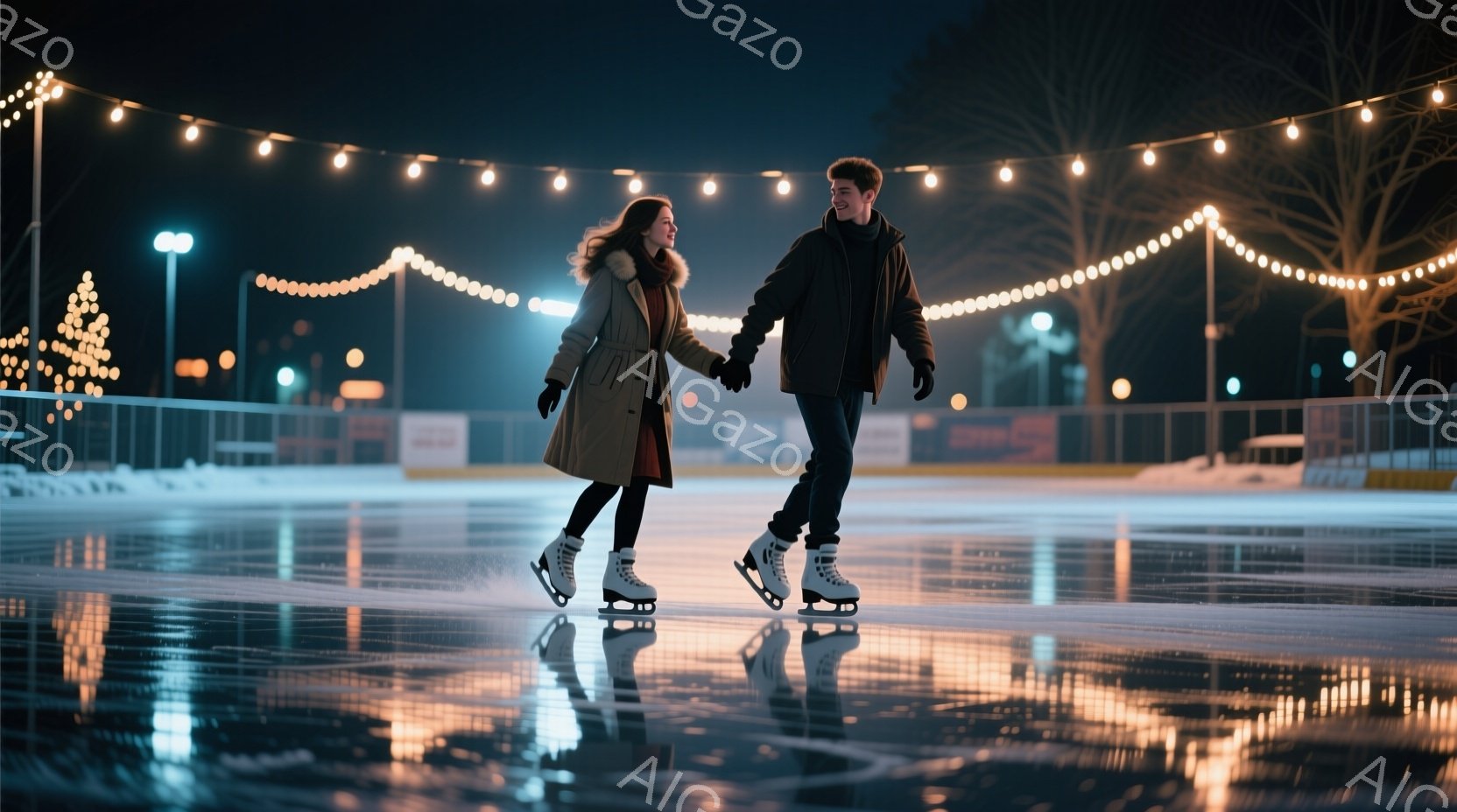 アイススケートリンクで、若い男女が手をつないで滑っている様子が写っている。女性はロングヘアで、ベージュのコートを着ており、男性は黒いジャケットを着ている。背景にはイルミネーションが輝き、リンク全体が暖かい光に包まれ、ロマンチックな雰囲気を醸し出している。