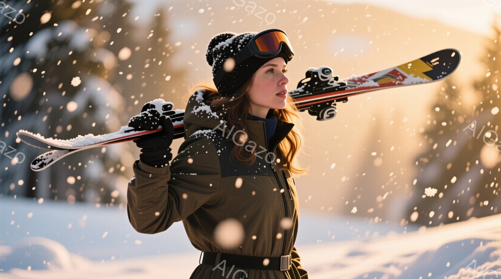 赤毛の女性がスキーを持ち、雪の降るスキー場で立っている。彼女は黒のニット帽とゴーグルを着用し、ベージュ色のスキーウェアに身を包み、少し微笑んだ表情をしている。背景には雪に覆われた木々がぼやけ、暖かく穏やかな冬の雰囲気を醸し出している。