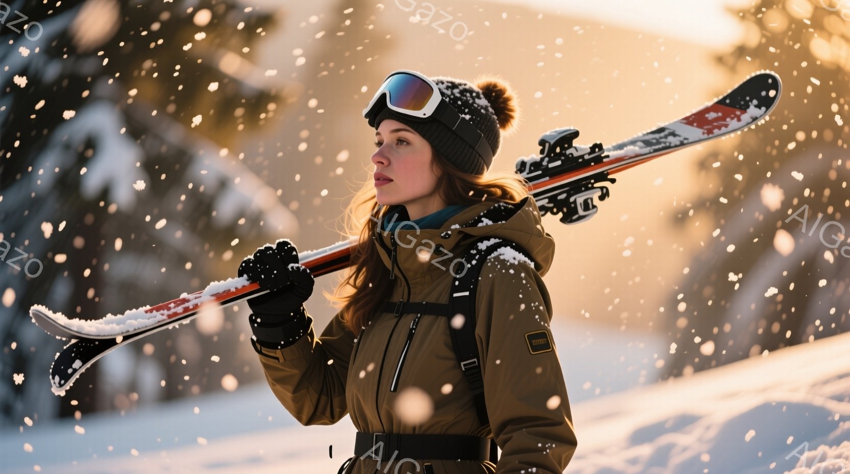 茶髪の女性がスキー場に立っており、頭には黒いニット帽、顔にはゴーグルをかけている。ベージュ色のスキーウェアに身を包み、片方のスキーを肩に担ぎ、少し上を見ている。背景には雪が舞い、ぼんやりとした木々が見え、全体的に冬の静かで冷たい雰囲気を醸し出している。